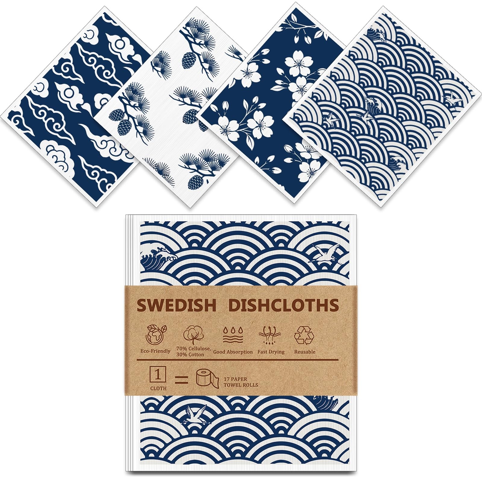 Swedish Dishcloths for Kitchen – 4 Pack Japanese Pattern Reusable Paper Towels,