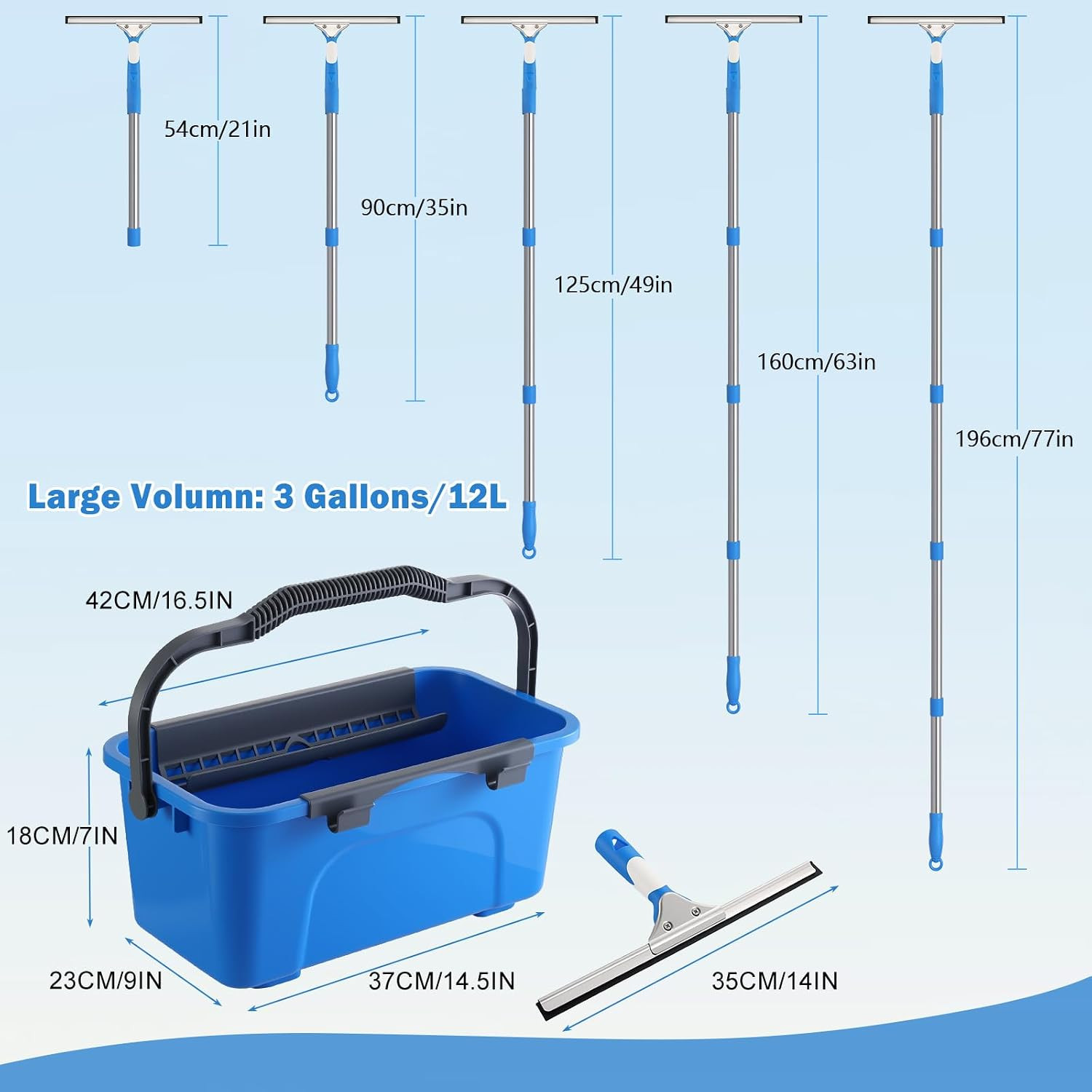 Professional Window Cleaning Kit with Bucket 3 Gallon, 14″ Window Squeegee Micro