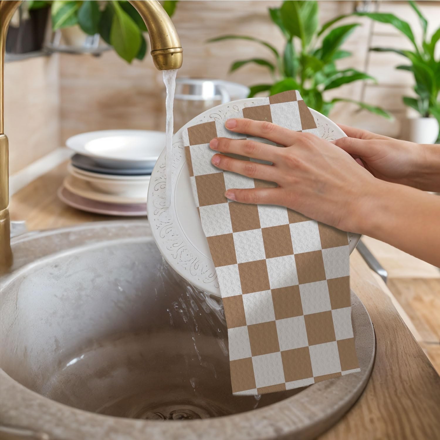 Boho Floral Checkered Kitchen Towels, Brown and White Plaid Dish Towels Drying