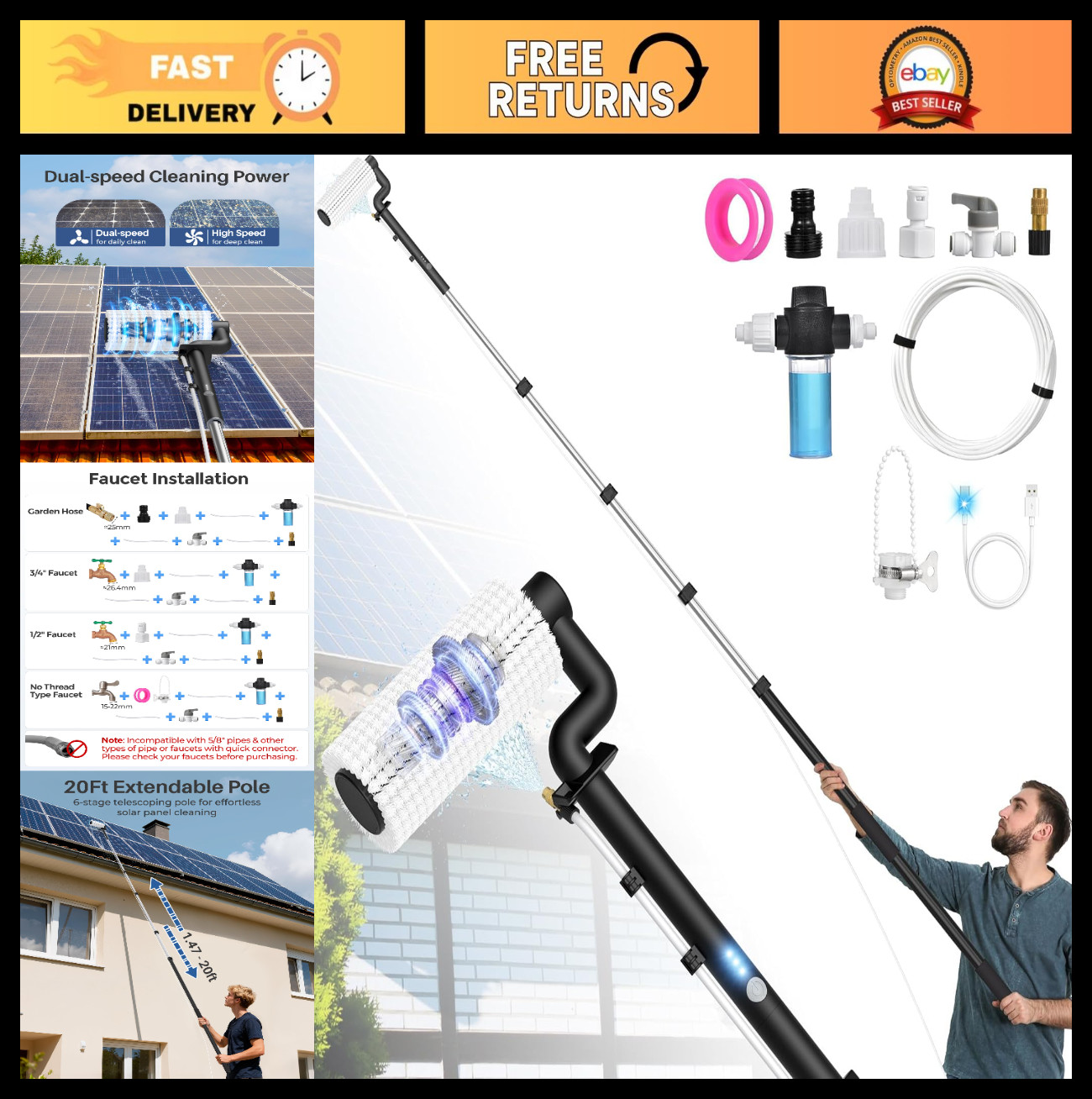Extendable 20Ft Electric Solar Panel Cleaning Brush & Pole Kit, 2 Speed, Soap Di