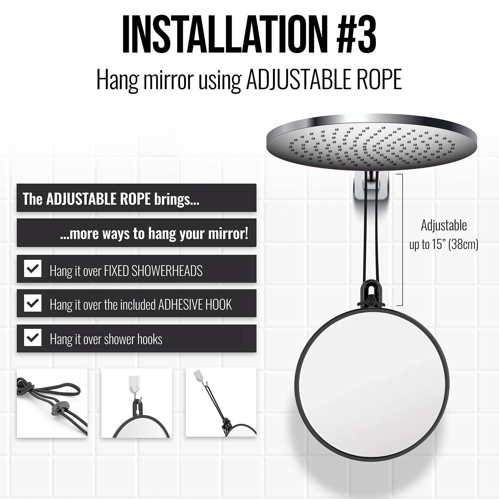 MIRRORVANA Small Shower Mirror for Shaving with 3 Attachment Options: Hook, S…