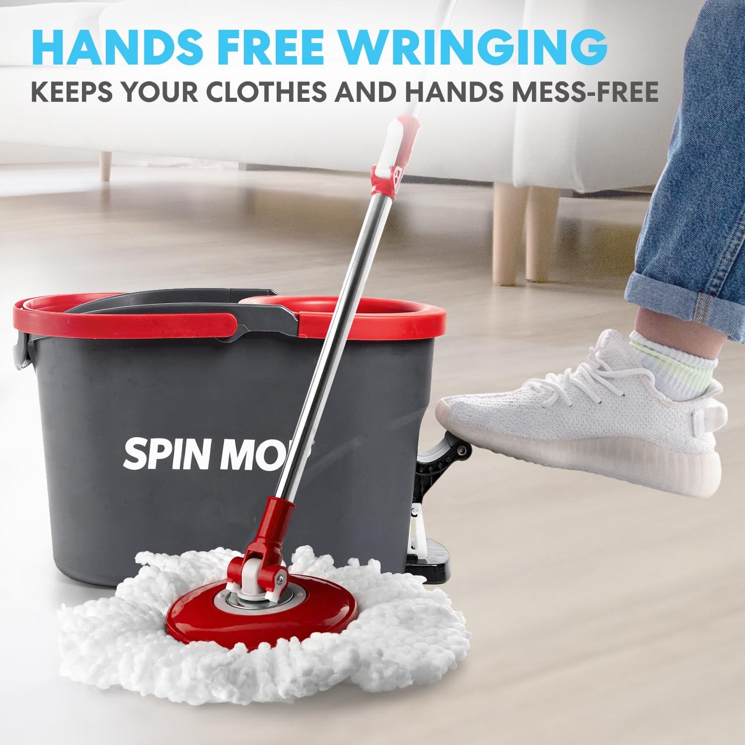 Simpli-Magic 79349 Spin Mop Cleaning System with 3 Microfiber Mop Heads, Red/Bla