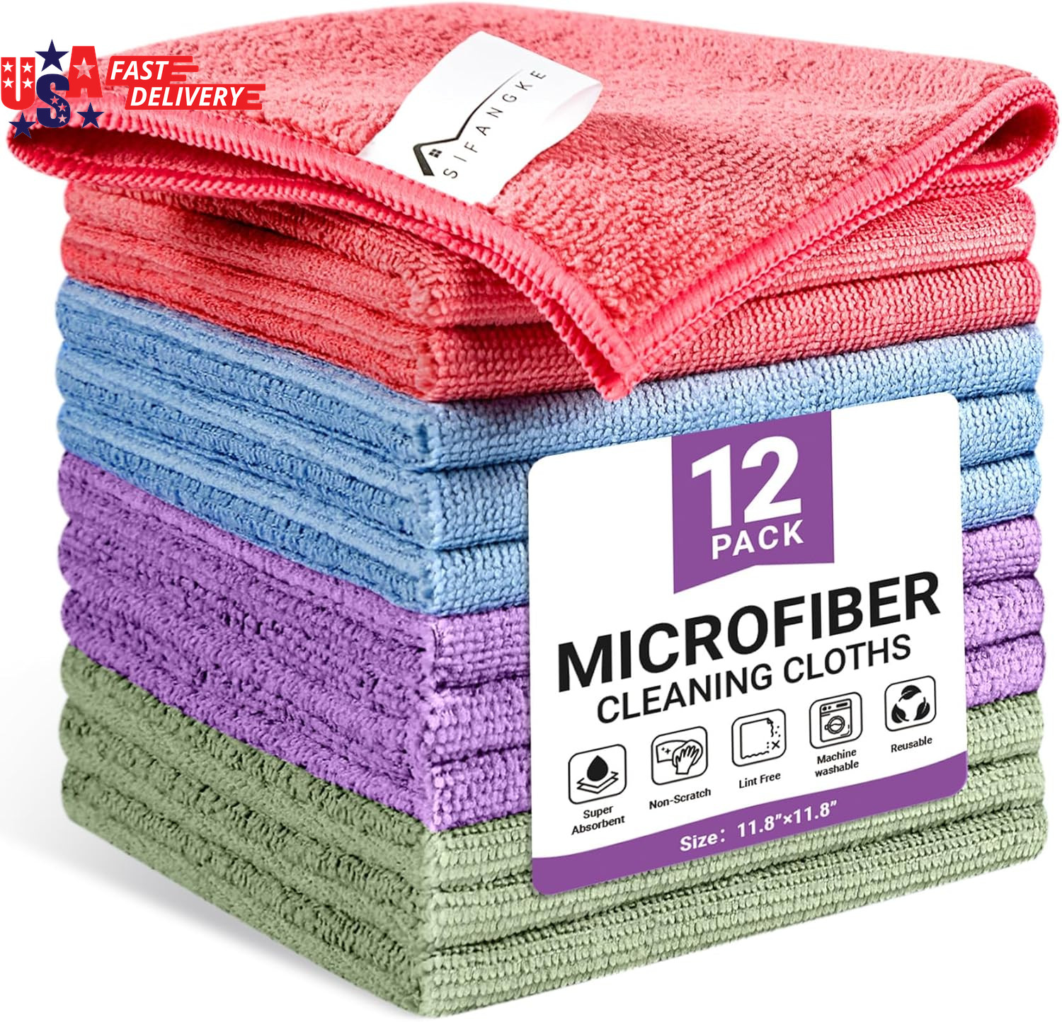 Microfiber Cleaning Cloth, 12 Pack Assorted Color Cleaning Rags for Housekeeping