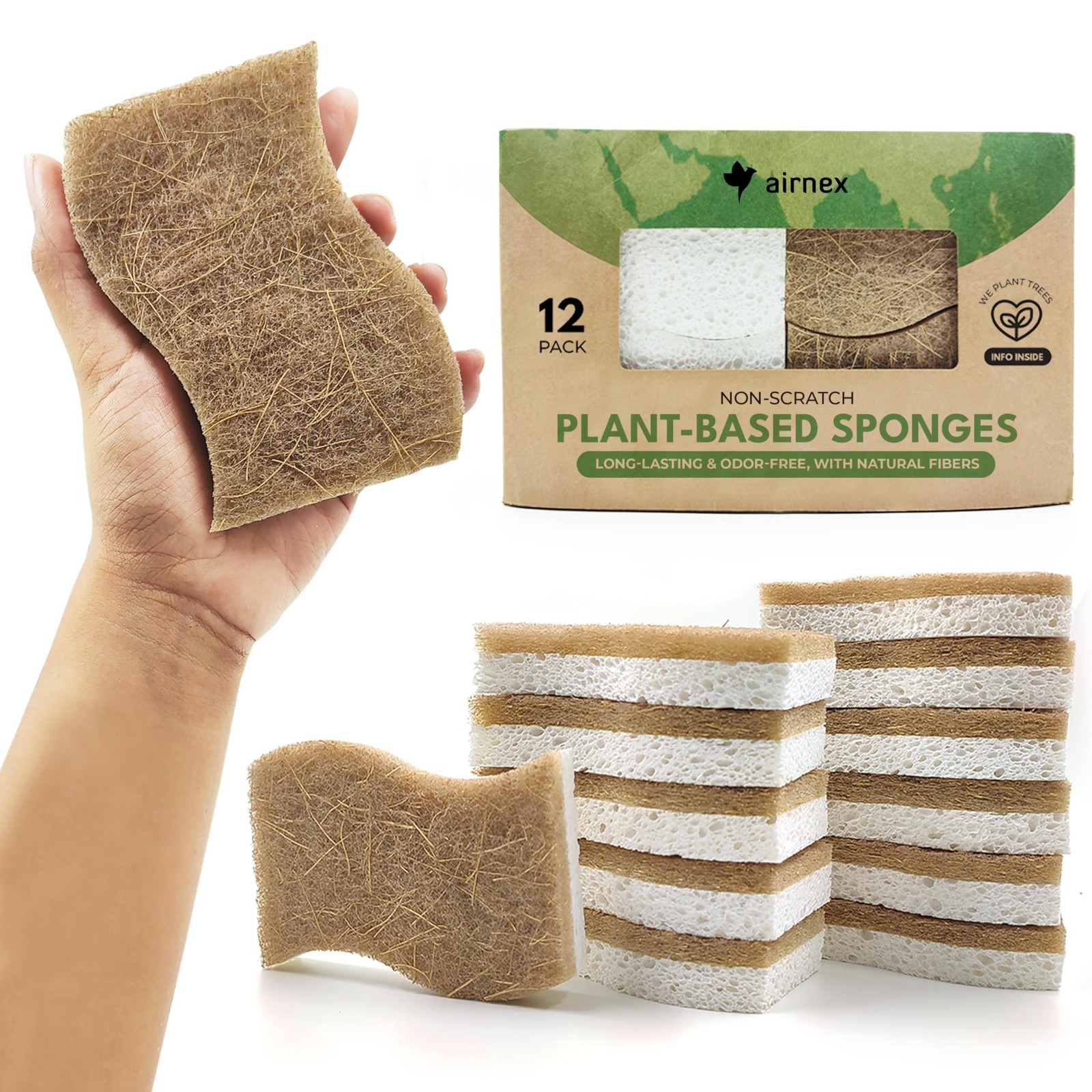 AIRNEX Natural Kitchen Sponges (12 Pack) – Biodegradable Cellulose 12, Khaki