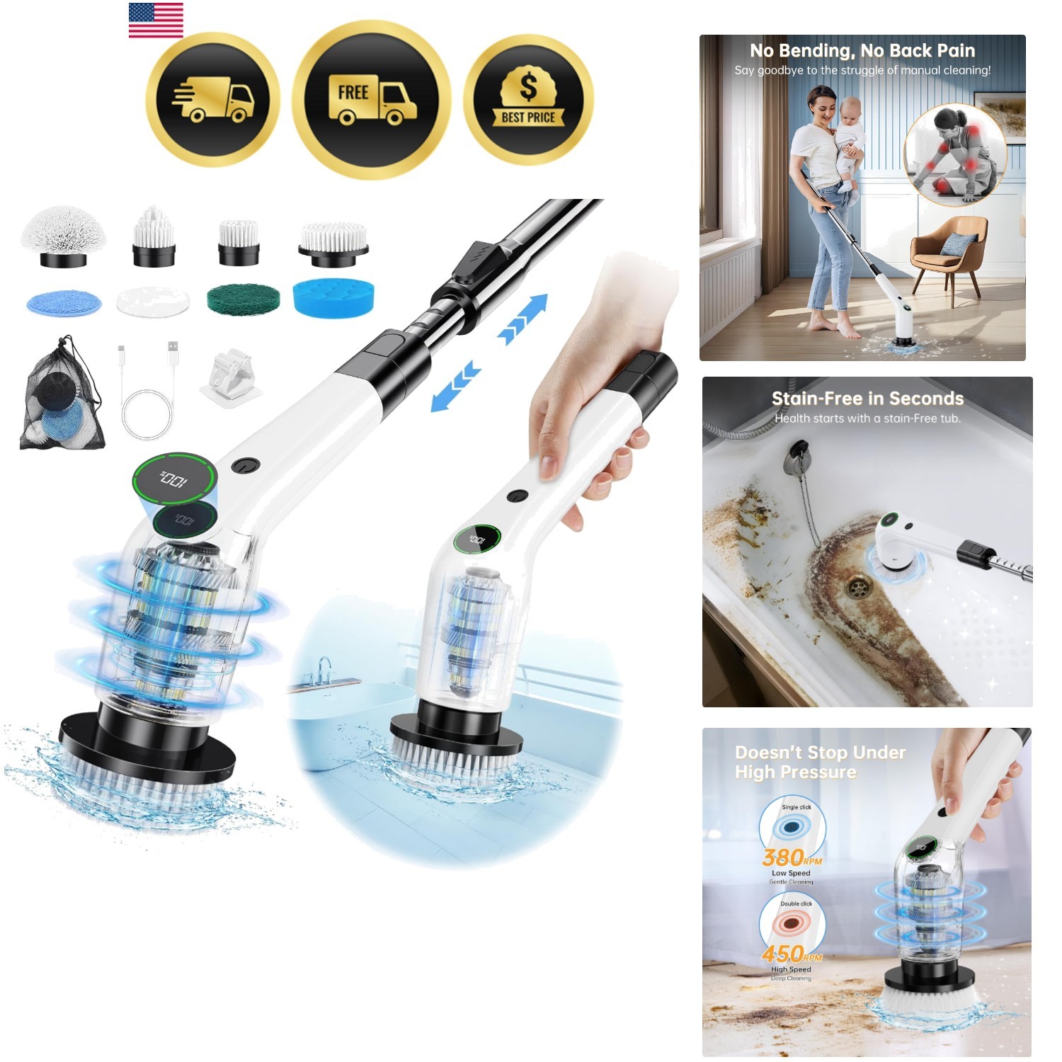 Electric Spin Scrubber, Cordless Shower Scrubber with 8 Scrub Brush, 2 Speed …