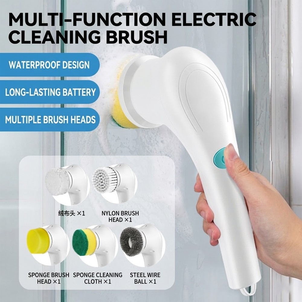 Electric Spin Scrubber Cordless 5 Heads for Bathroom Kitchen Tile Car White US