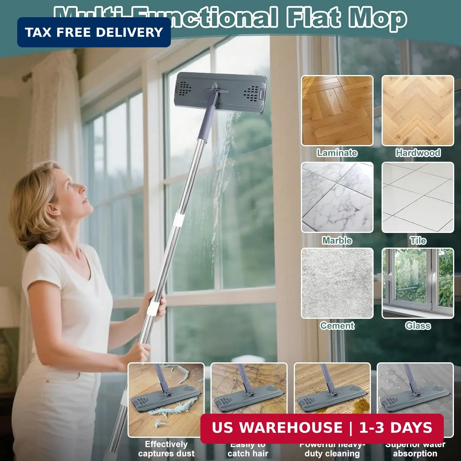 Flat Mop with 3 Pads, Microfiber Mops for Floor Cleaning Adjustable Handle 29-49