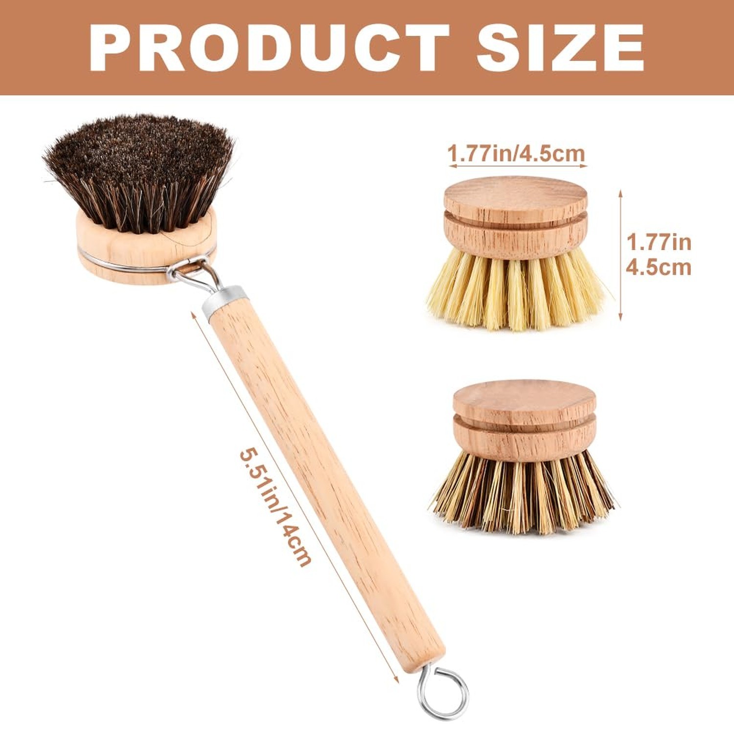 Bamboo Dish Brush with Handle, 3 Natural Bristle Heads (Horsehair, Sisal, Pal…