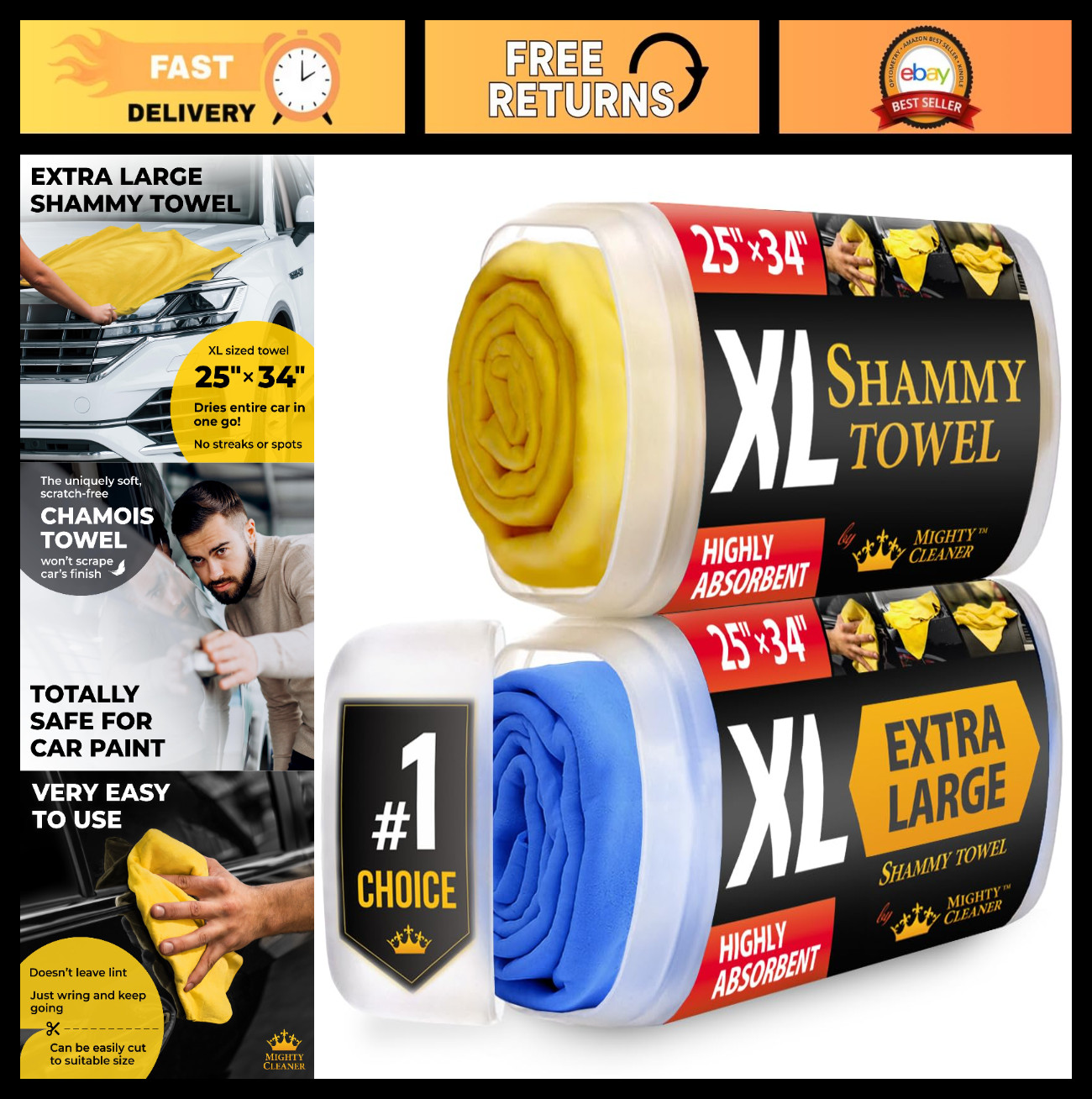Super Absorbent XL Car Drying Towels 2pk – Reusable Chamois Cloths, Scratch-Free