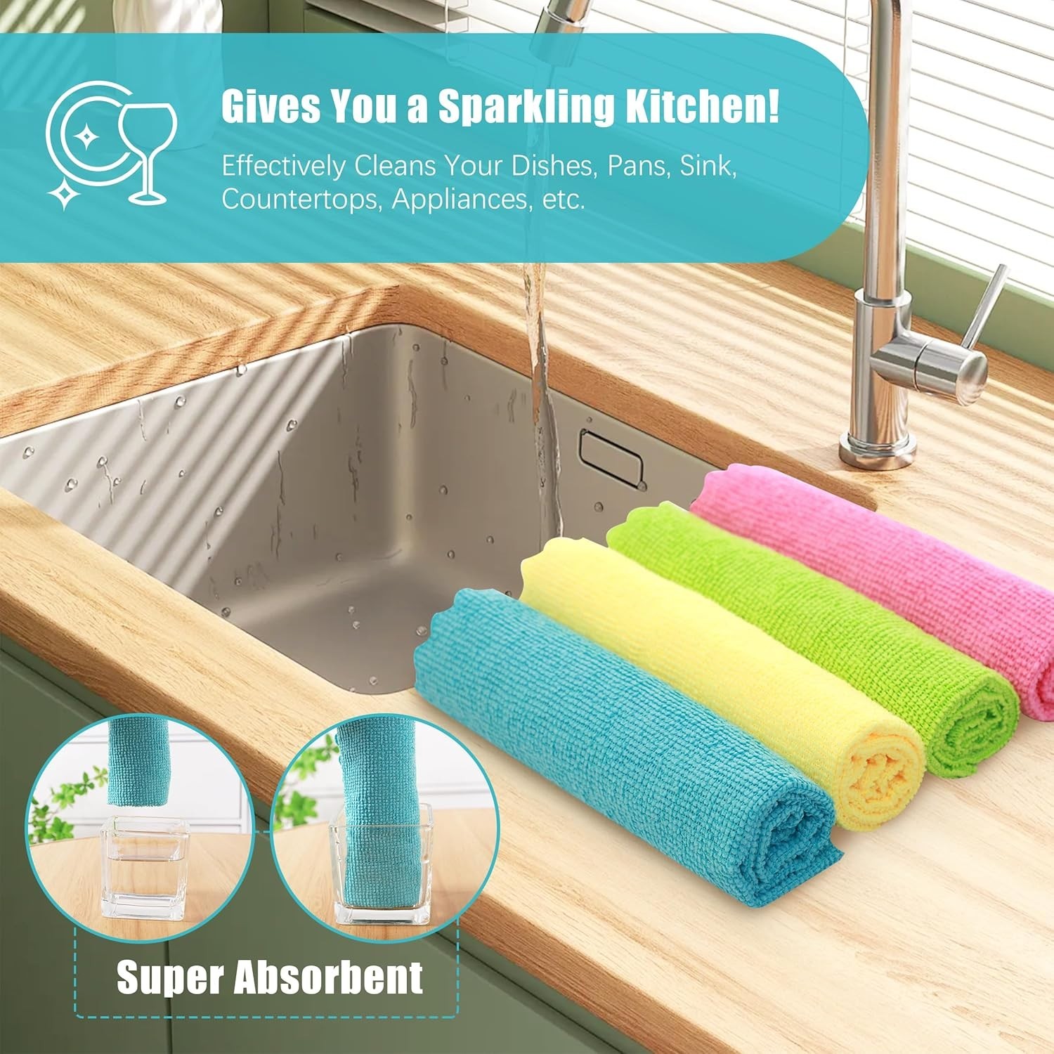 MOONQUEEN 12 Pack Microfiber Cleaning Cloth – 12 Pack, Green/Blue/Yellow/Pink