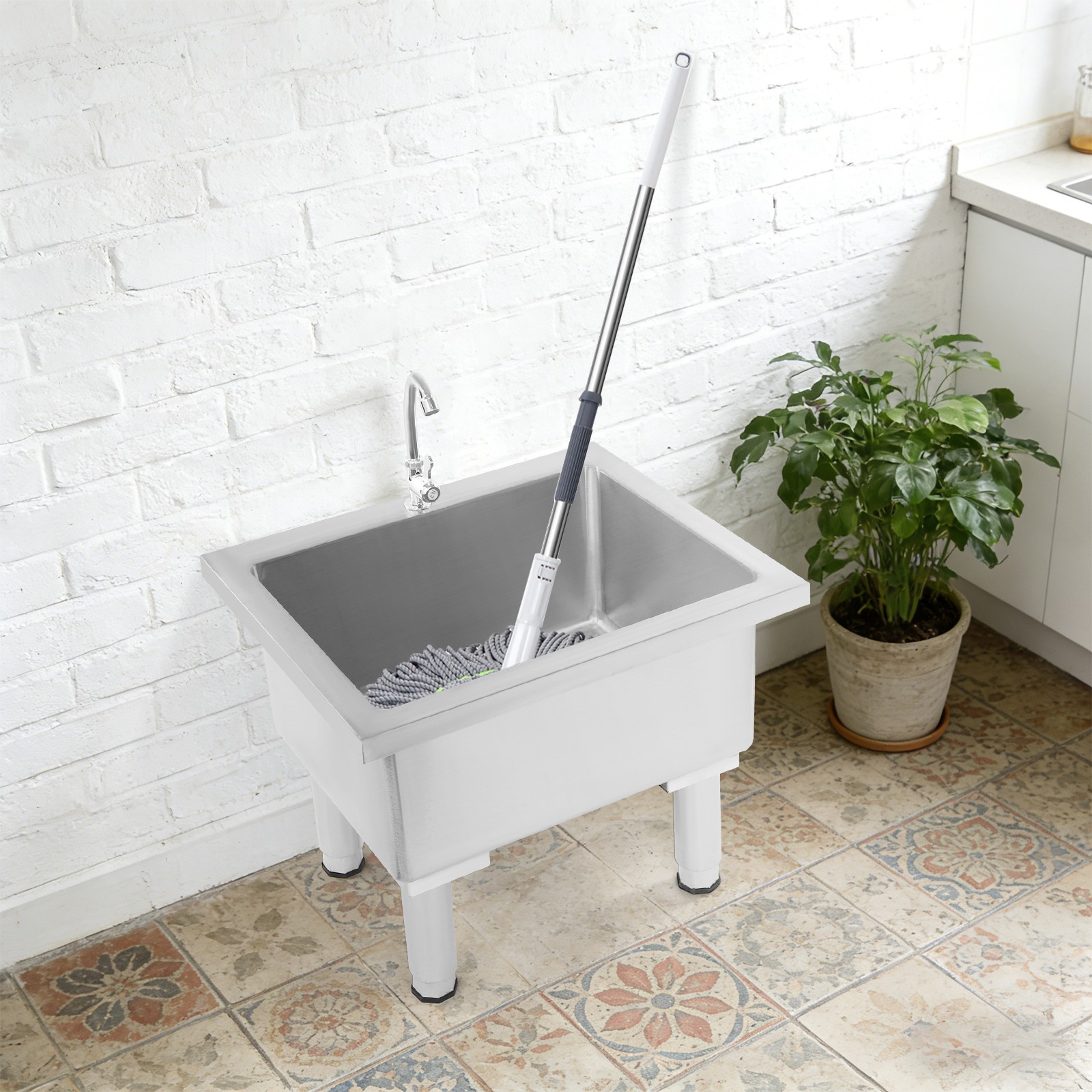 220.46lbs Floor Mount Stainless Steel Mop Cleaning With Faucet And Drain Pipe