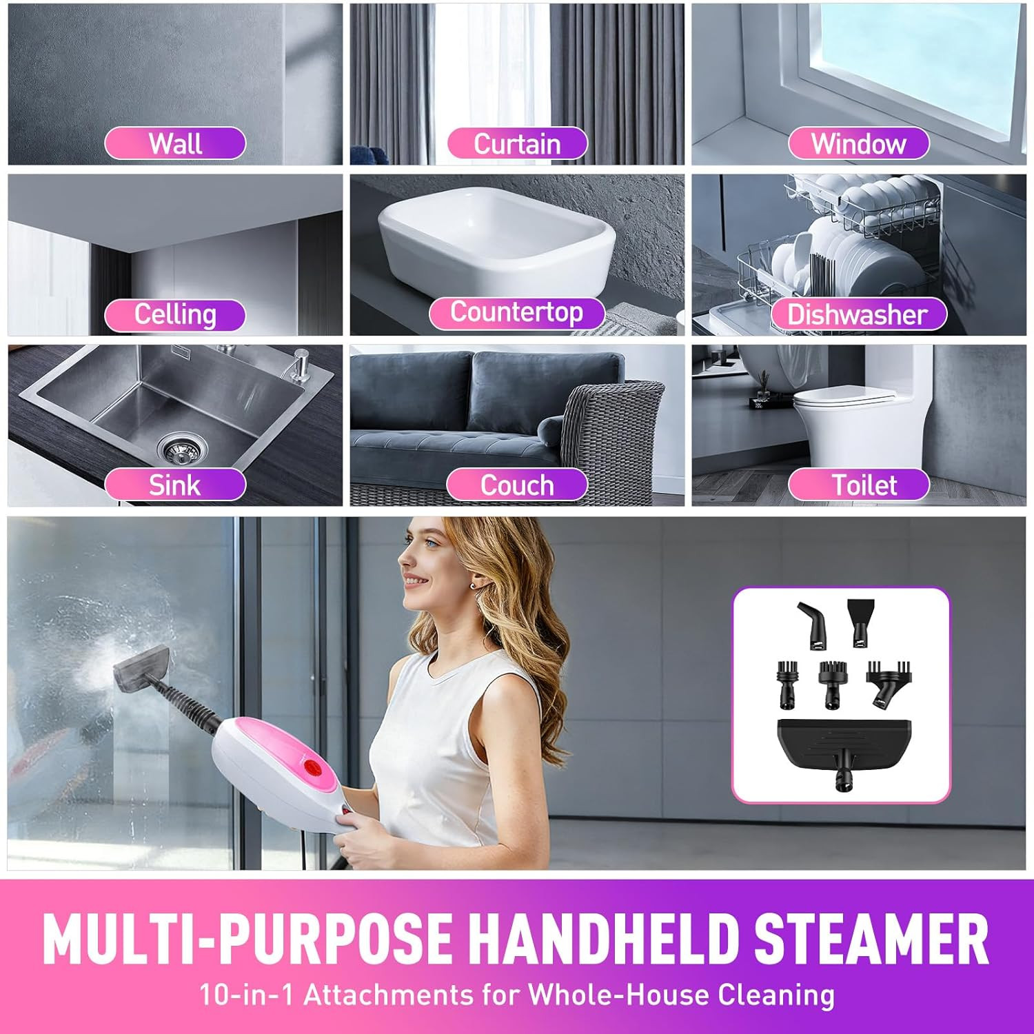 🏠2-in-1 Steam Mop Detachable Handheld 20S Fast Heat 16FT 10-in-1 Deep Clean