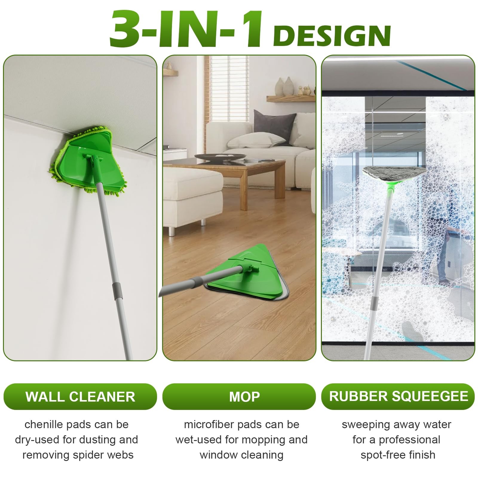 Wall Cleaner Triangle Mop with 82” Long Handle – 4 Pads, Green