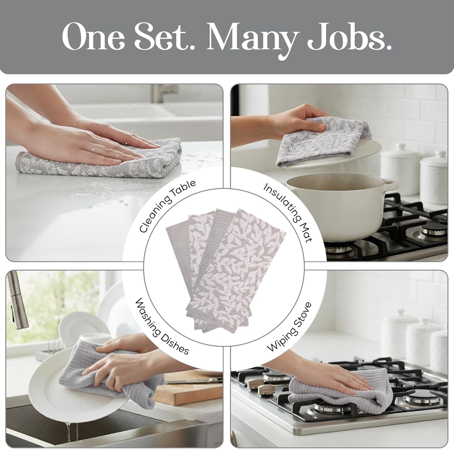 Kitchen Towels, Cotton Hand Towels, Grey and White Vine Ribbed Hand Drying Cloth