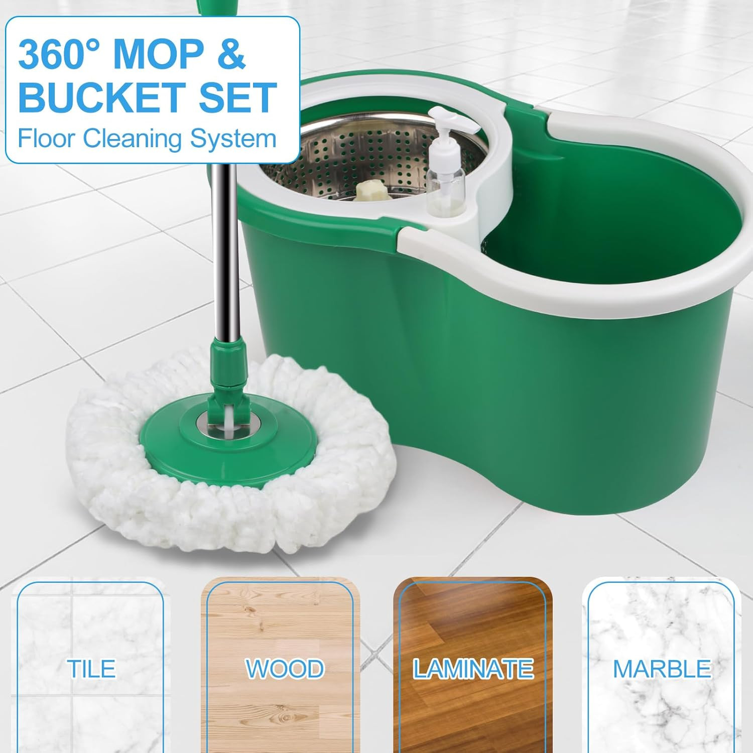 Spin Mop Bucket Set with 3 Refills 360° Rotating Head for Home Office Green