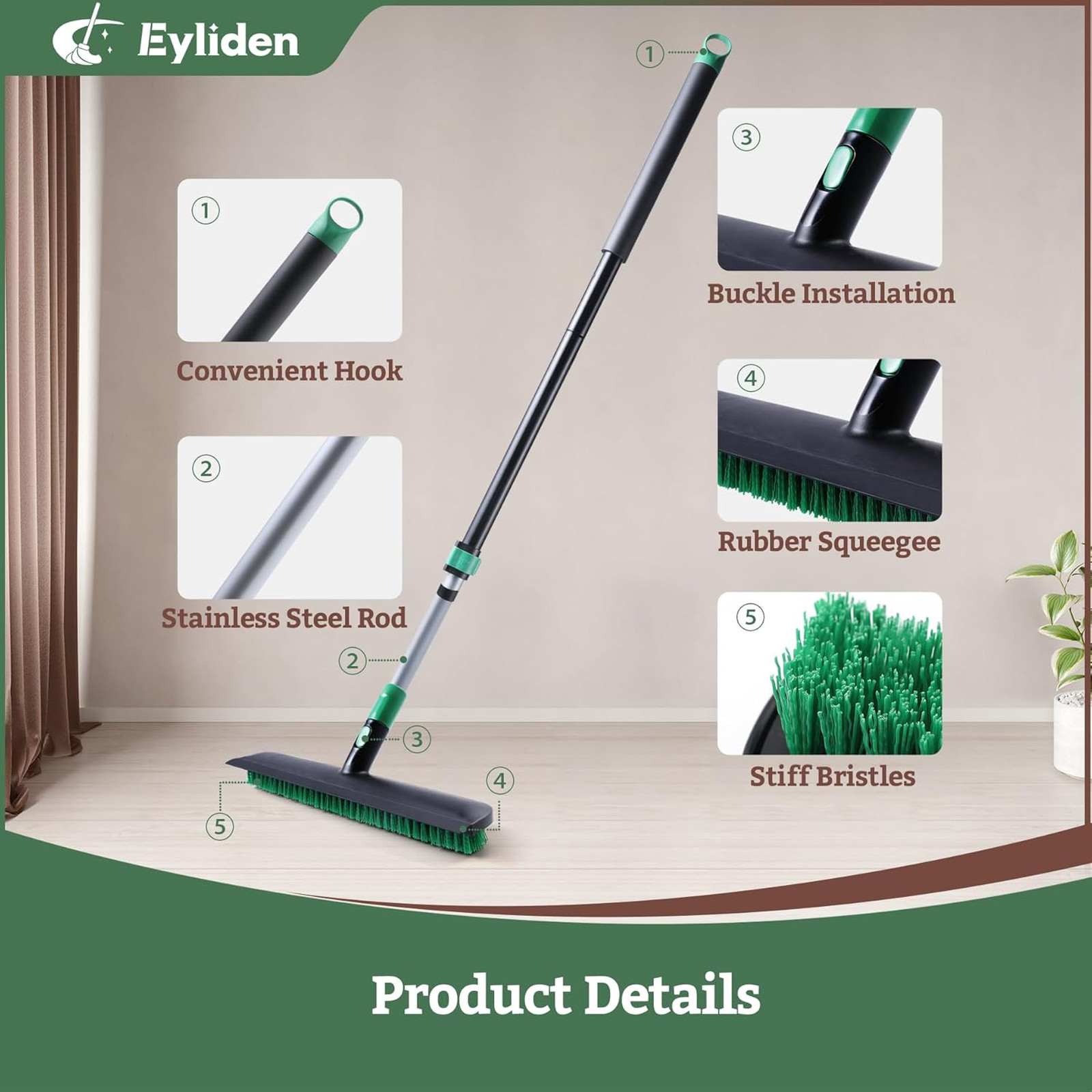 Floor Scrub Brush, 15 Inch Wide Head with Rubber Squeegee, Telescoping Handle