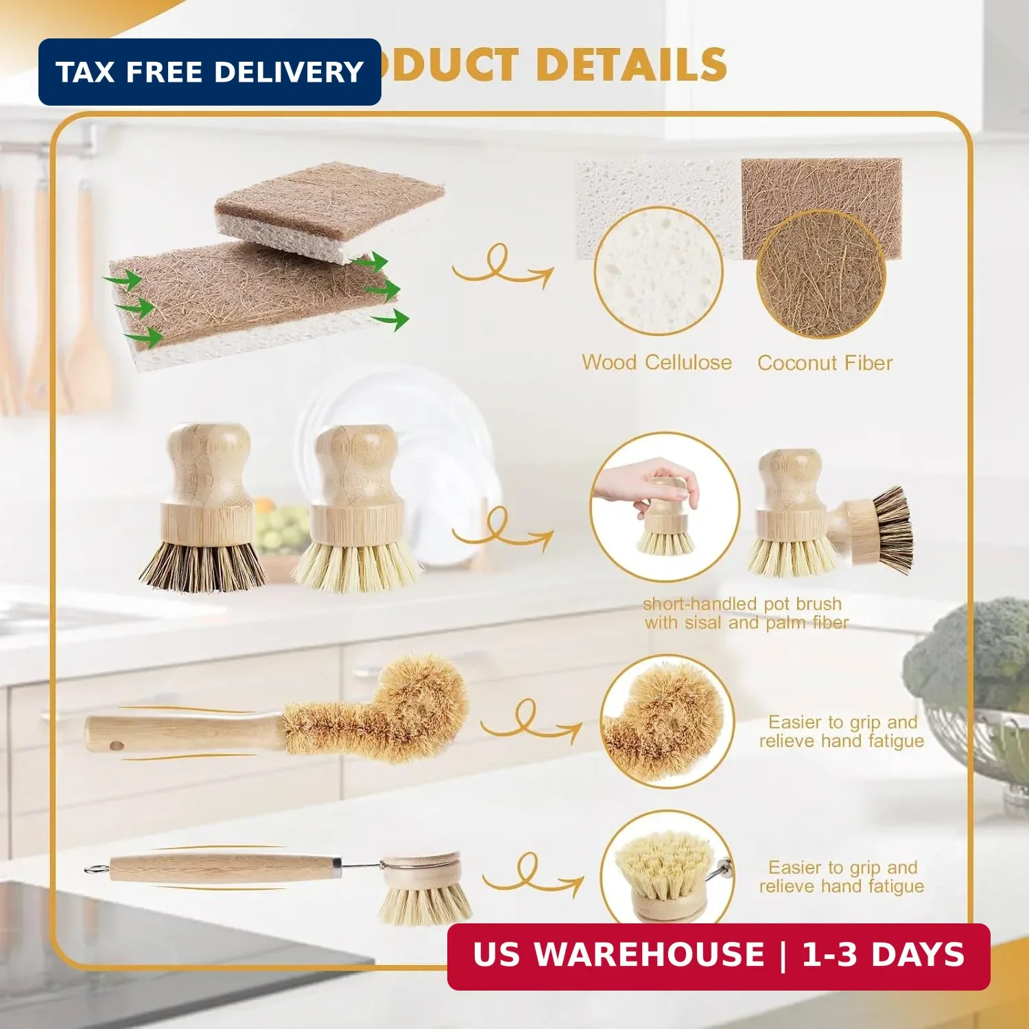 Bamboo Kitchen Cleaning Brush Kit with Sisal Palm Fiber & Coconut Sponge