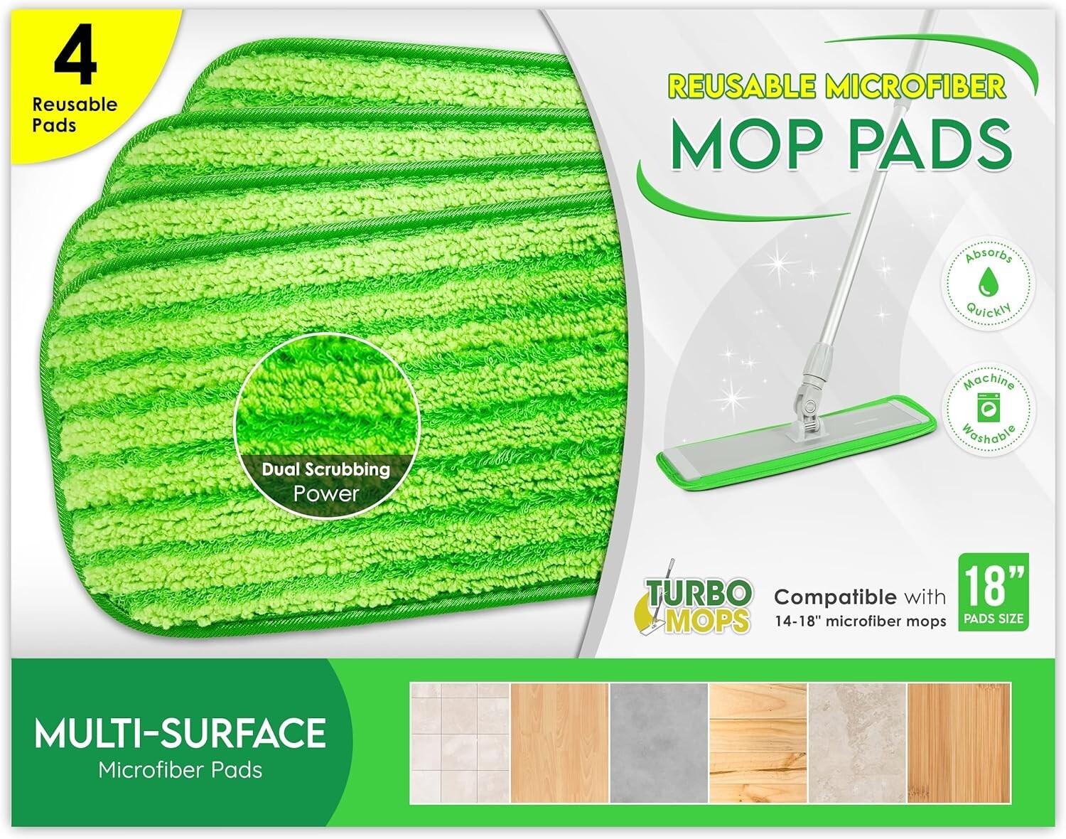 18″ Microfiber Mop Pads 4 Pack, Reusable Washable Cloth Mop Head Replacements
