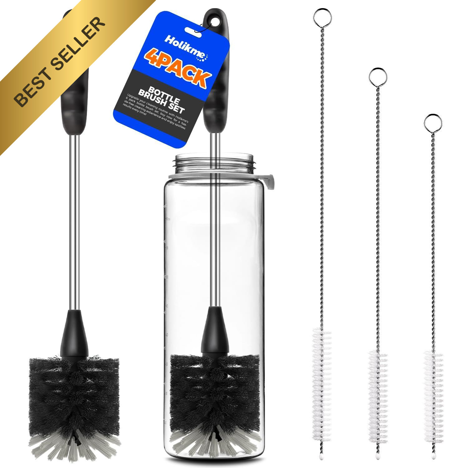 Holikme Bottle Brush Set 4 Pack 14 Inch Stainless Steel Straw Cleaner Black Kit