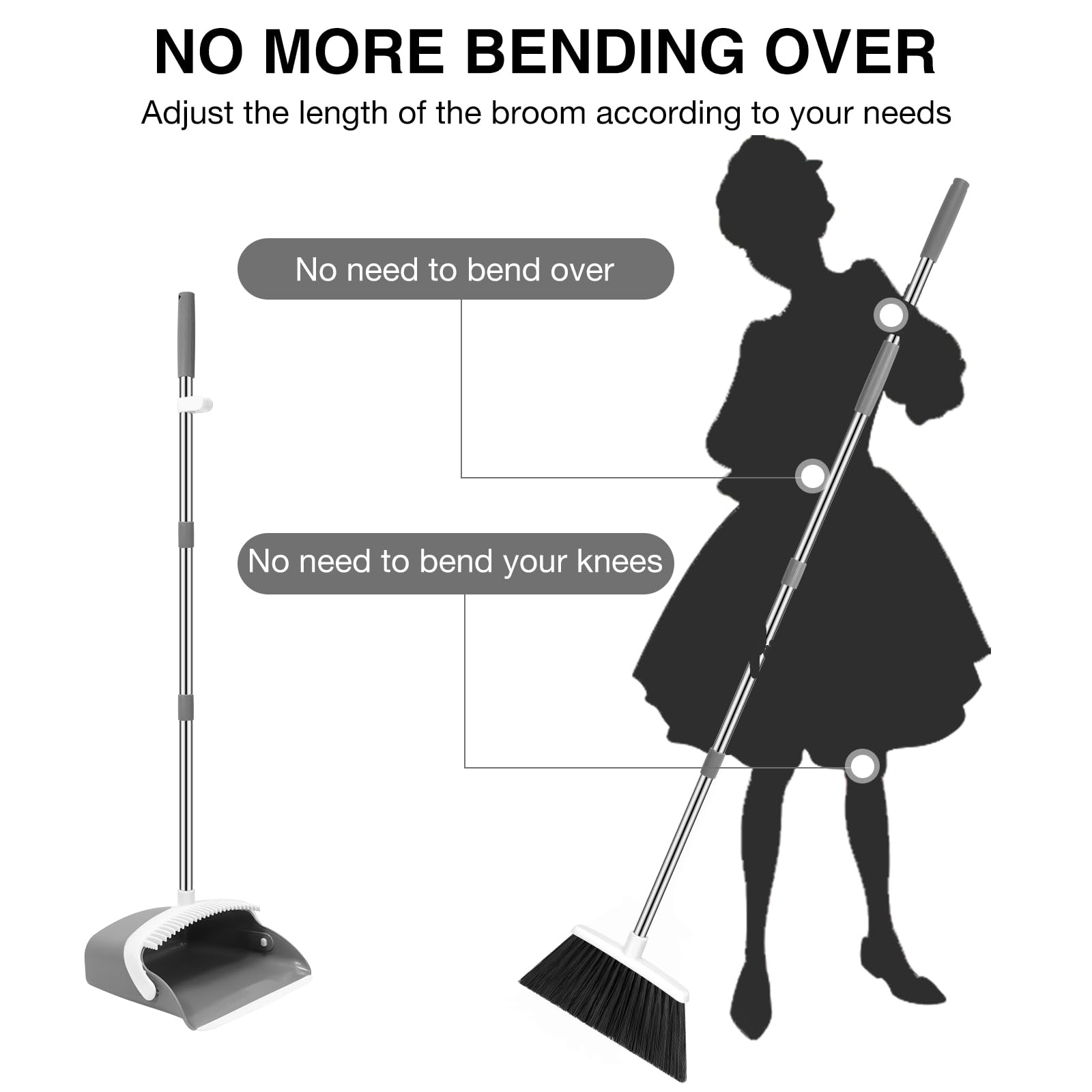 NACENA Broom and Dustpan Set, 52-in Long Adjustable Handle 2 Pack, Grey White