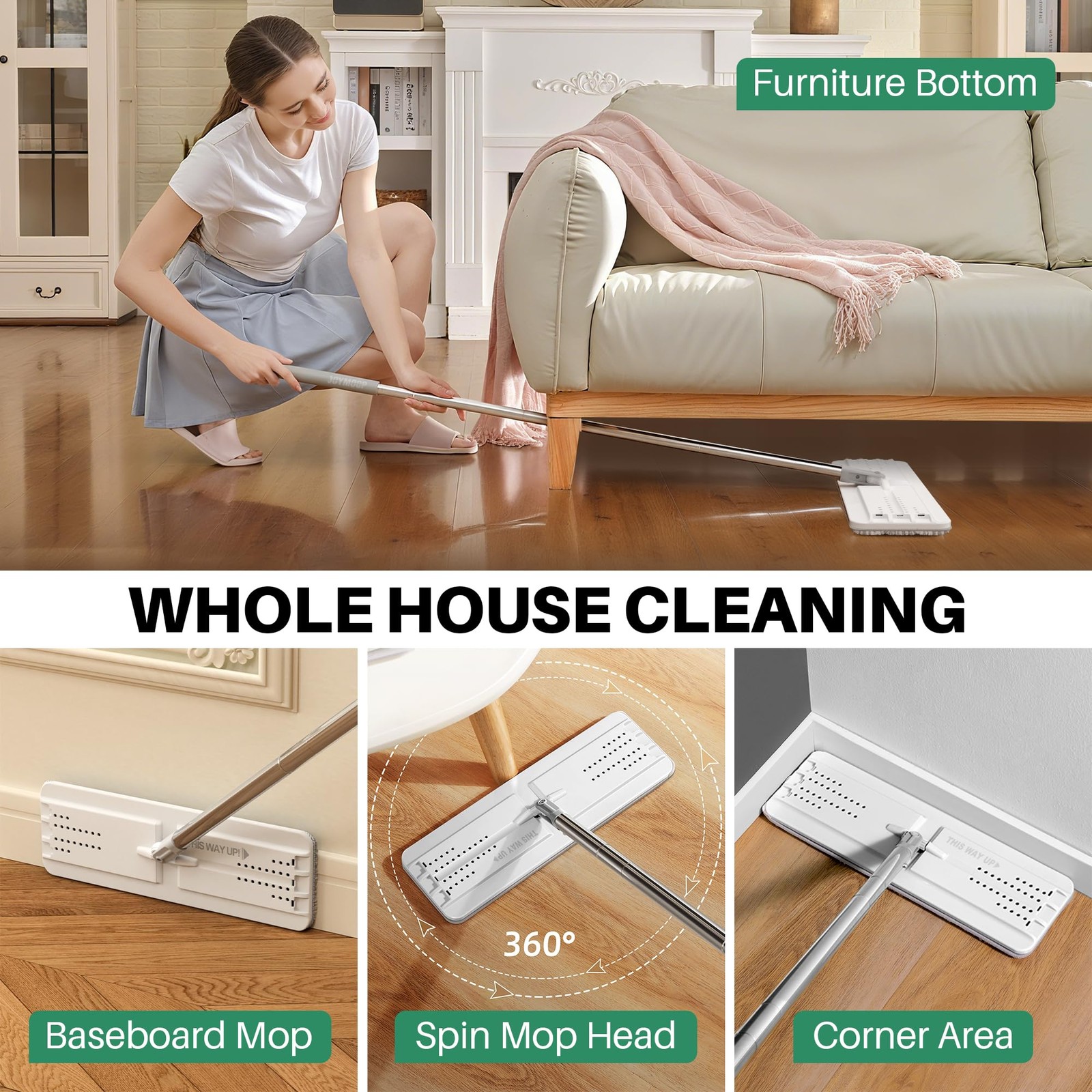 White Flat Mop Microfiber Floor Wall Cleaner 60 Inch Handle 15 Inch Head