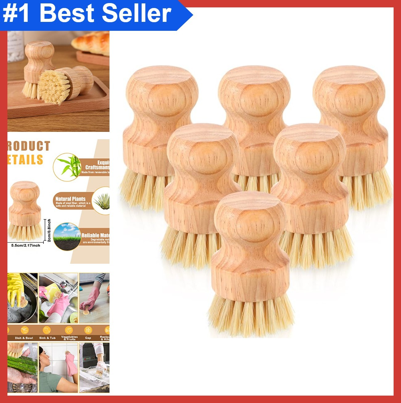 Bamboo Dish Scrub Brushes 50 Pack Natural Sisal Bristles Kitchen Cleaning