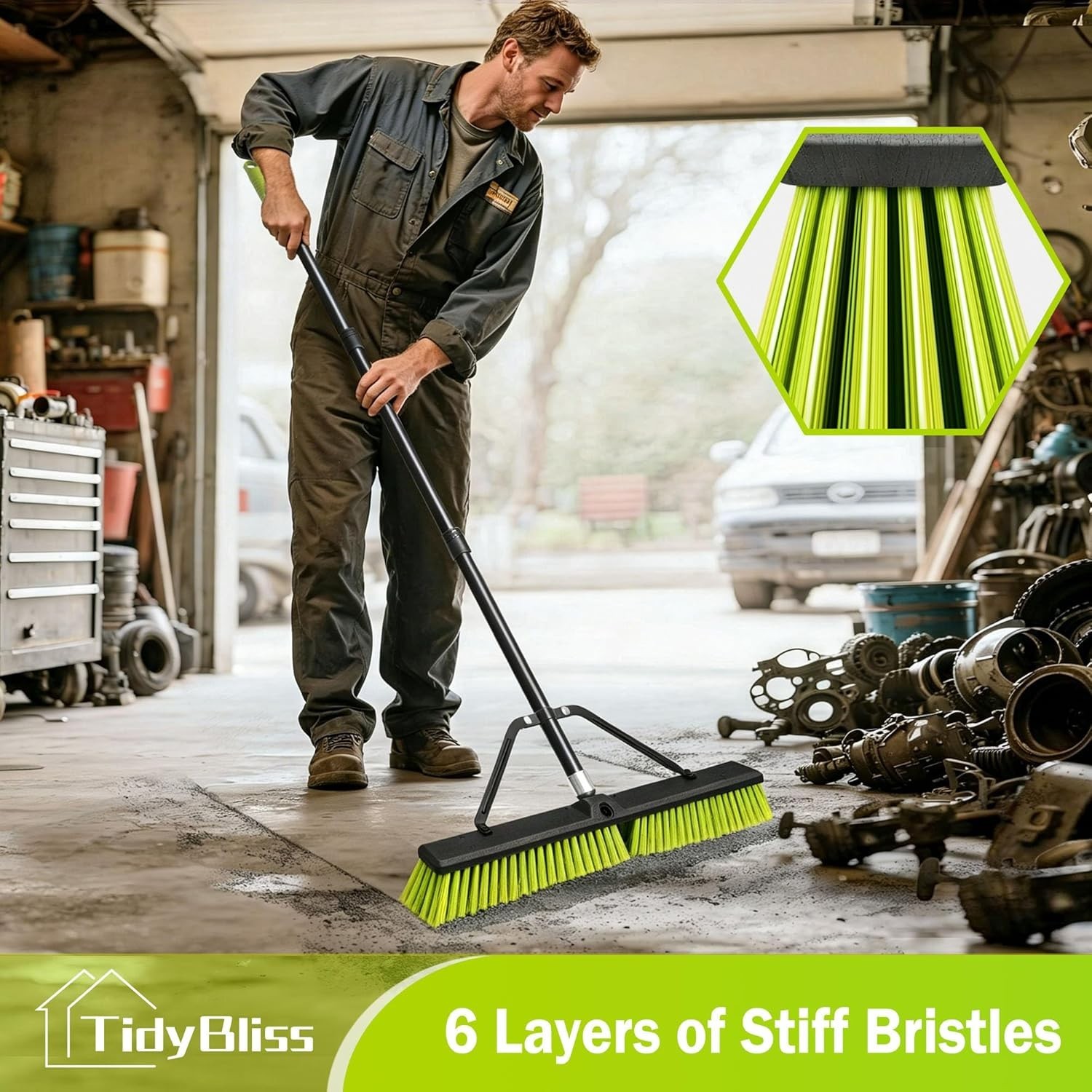 TidyBliss 24” Push Broom Outdoor Heavy Duty, Large Commercial Stiff Bristle Brus
