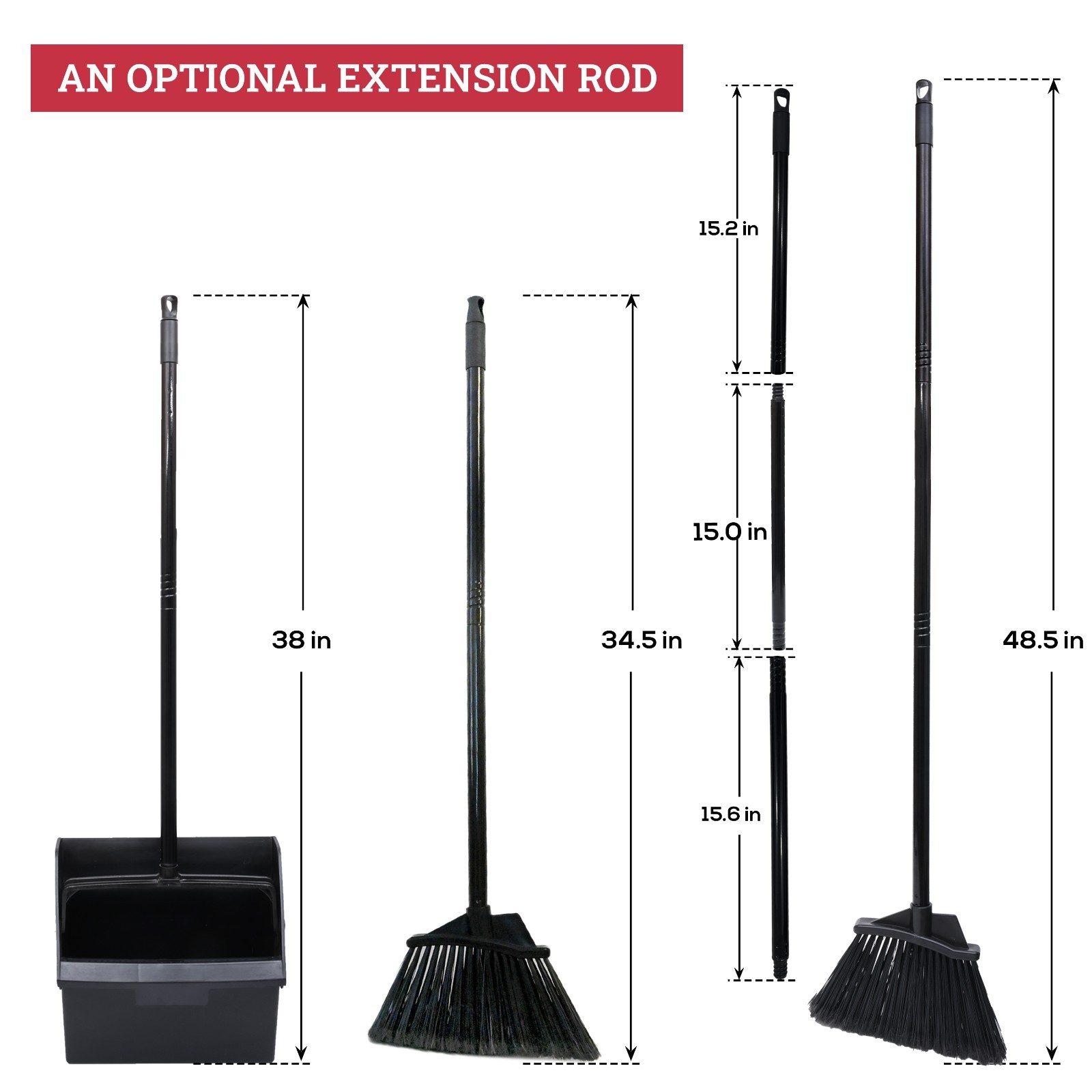 38″ Upright Lobby Broom and Dustpan Set for Home & Commercial Use, Black, 1 Set