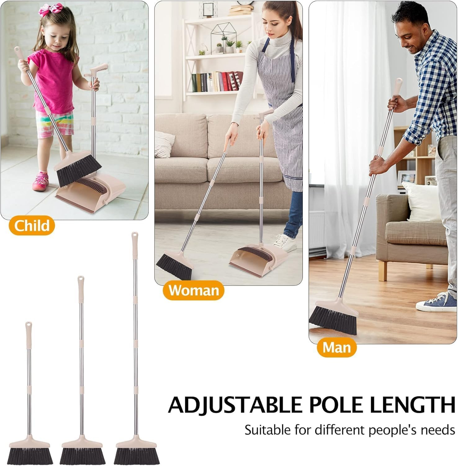 Broom and Dustpan Set with Long Handle, Light Weight Stainless Steel Poles Stand