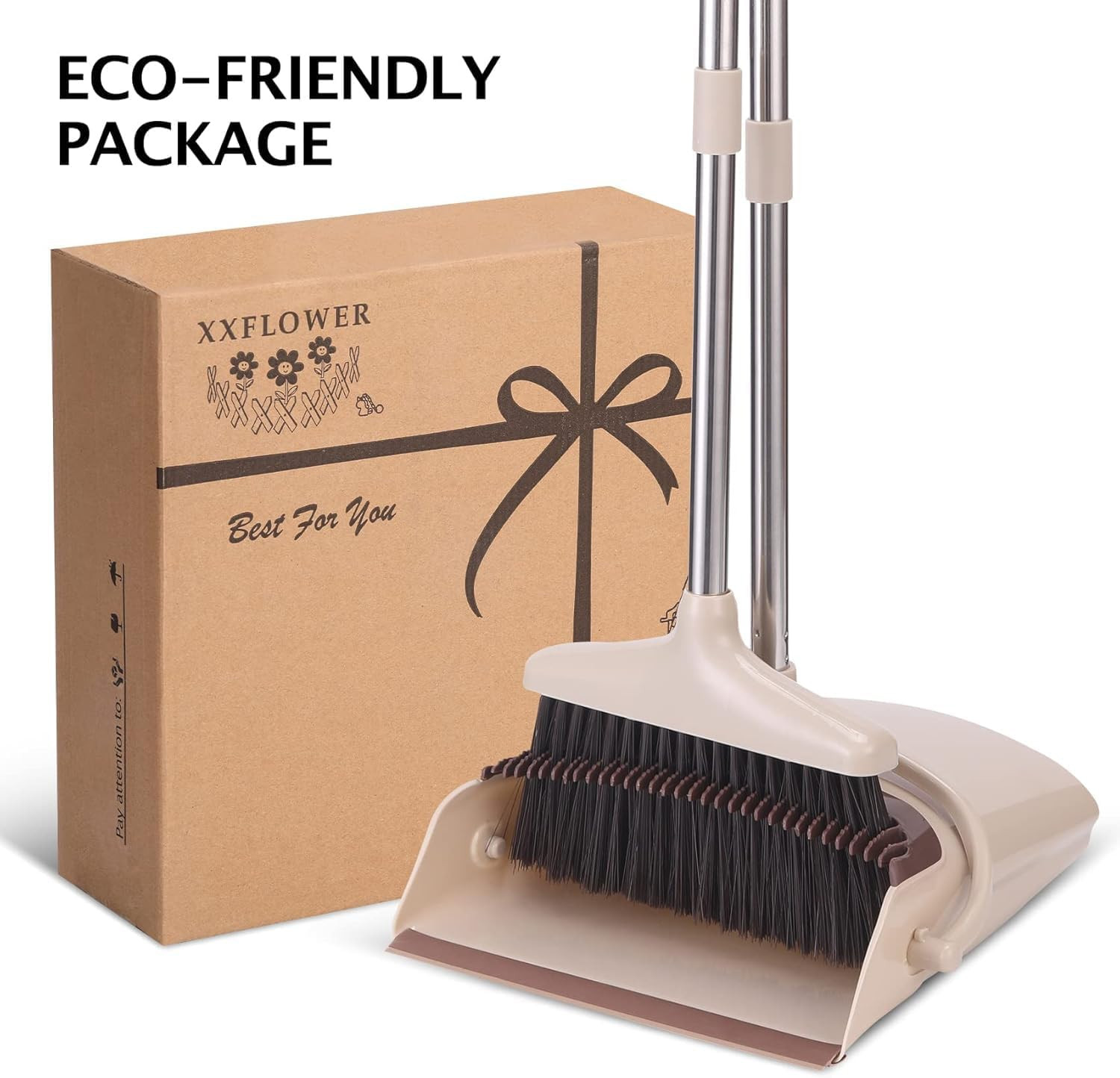 Broom and Dustpan Set with Long Handle, Light Weight Stainless Steel Poles Stand