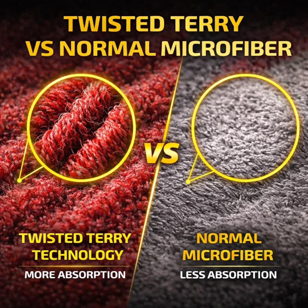 Microfiber Car Drying Towel 15x24in Gray Red Twisted Terry Ultra Absorben