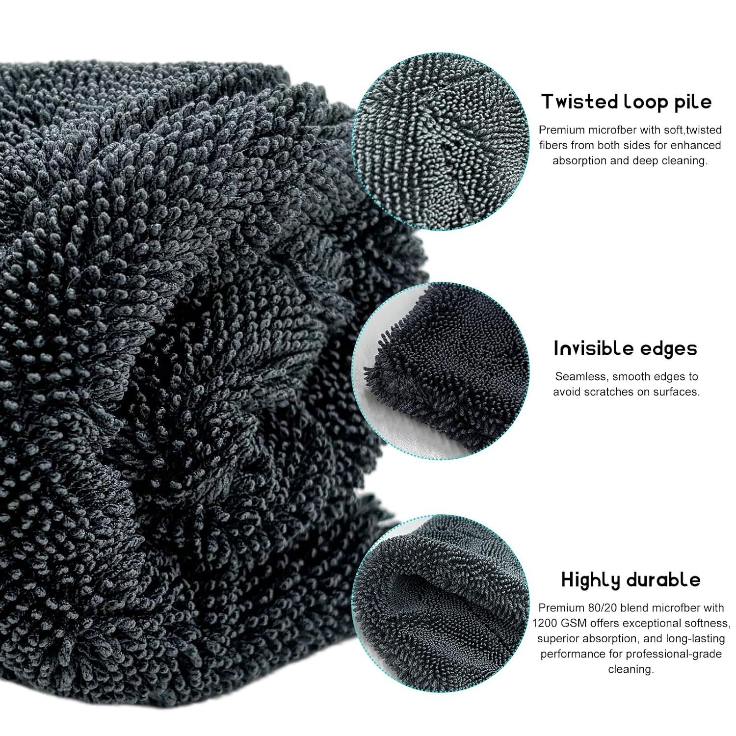 Ultra Thick 1200 GSM Microfiber Towels for Car Wash and Detailing 12.2″ Square
