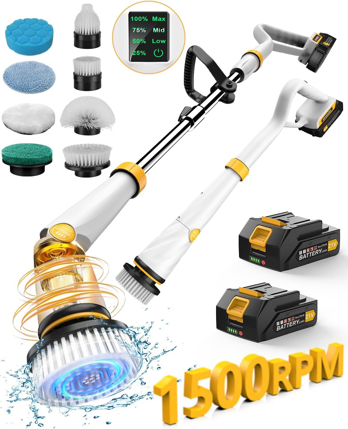 Electric Spin Scrubber with Two Batteries Q2 Pro,1500 RPM High Power Electric Sc