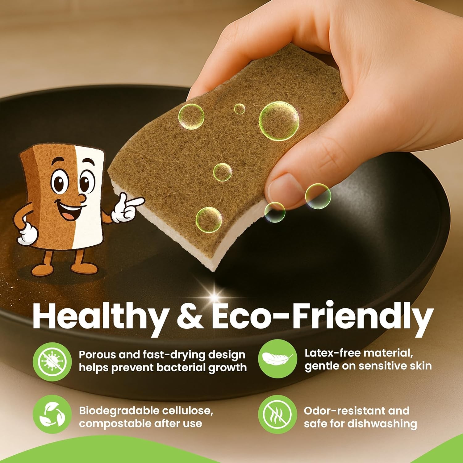 Super Eco Natural Kitchen Sponges Pack of 12, Long Lasting, Sponges for Dishes