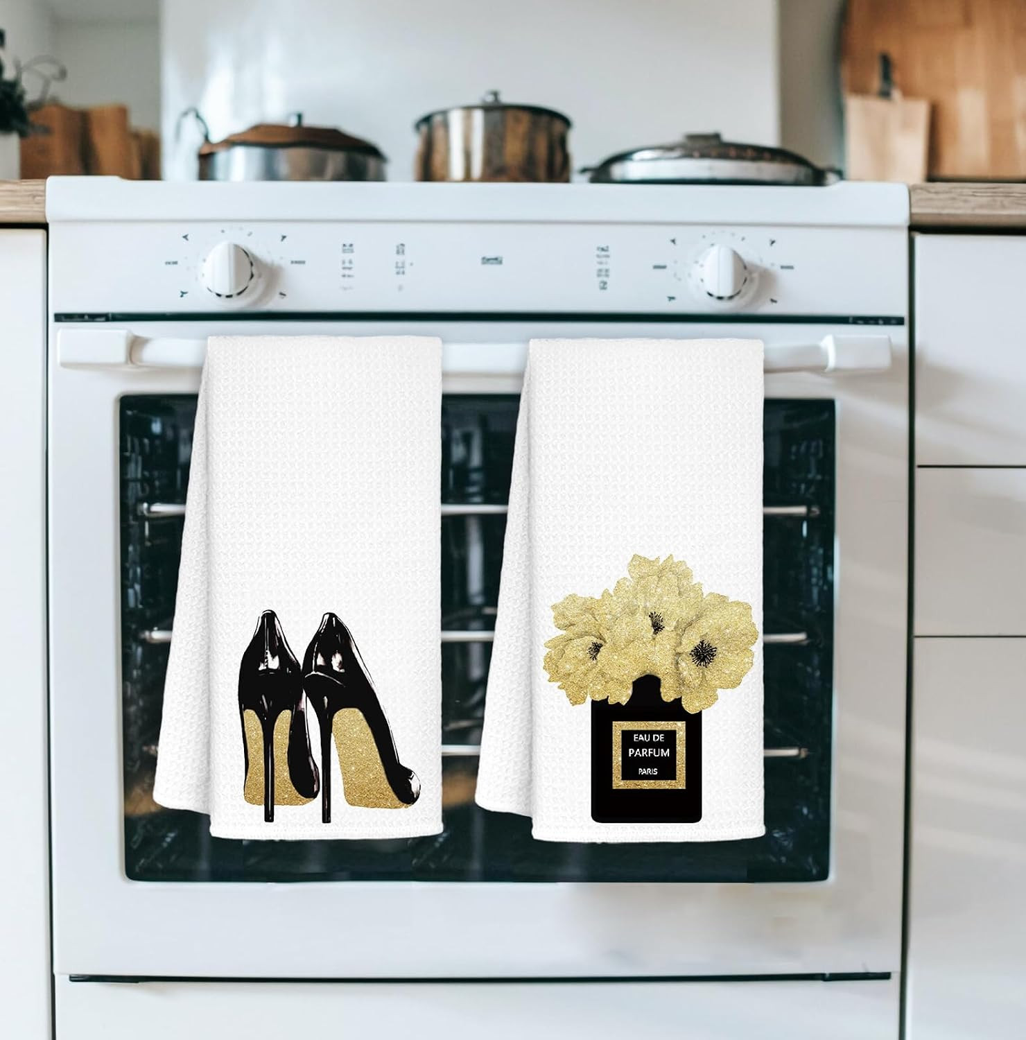 Gold and Black Towels for Bathroom Kitchen Decor, Funky Modern Perfume and High