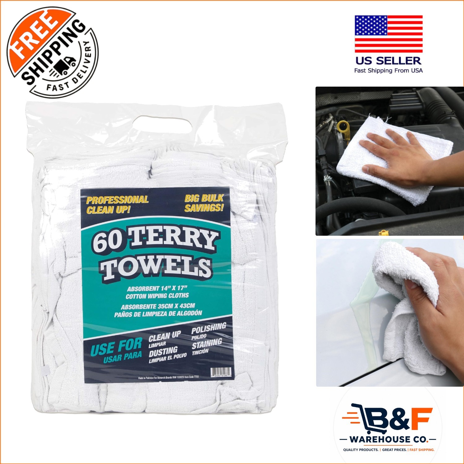 Super Absorbent Terry Cloth Rags – 14×17 Inches, 60 Count, Machine Washable