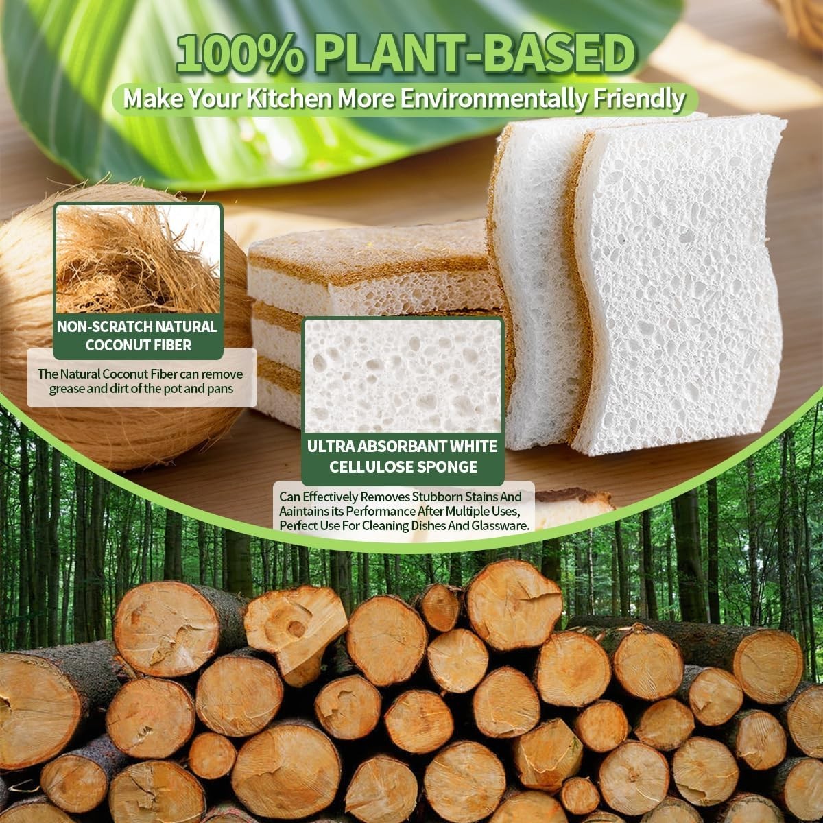 Natural Plant-Based Dish Sponges Pack of 12 Eco-Friendly Cellulose & Coconut …