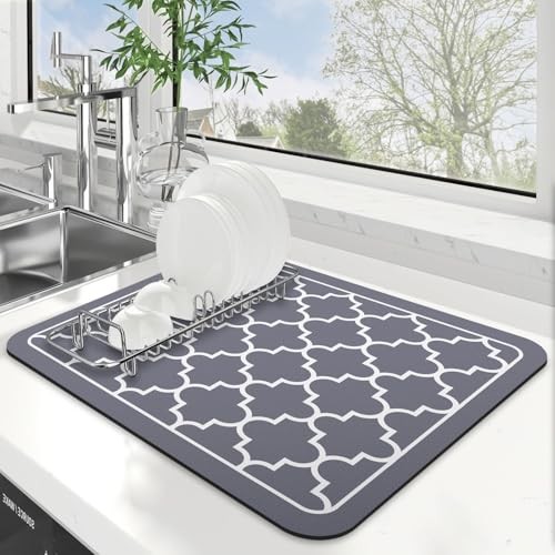 Dish Drying Mat Super Absorbent Drying Mat Large Dish 18″ x 15″ Stylish Grey