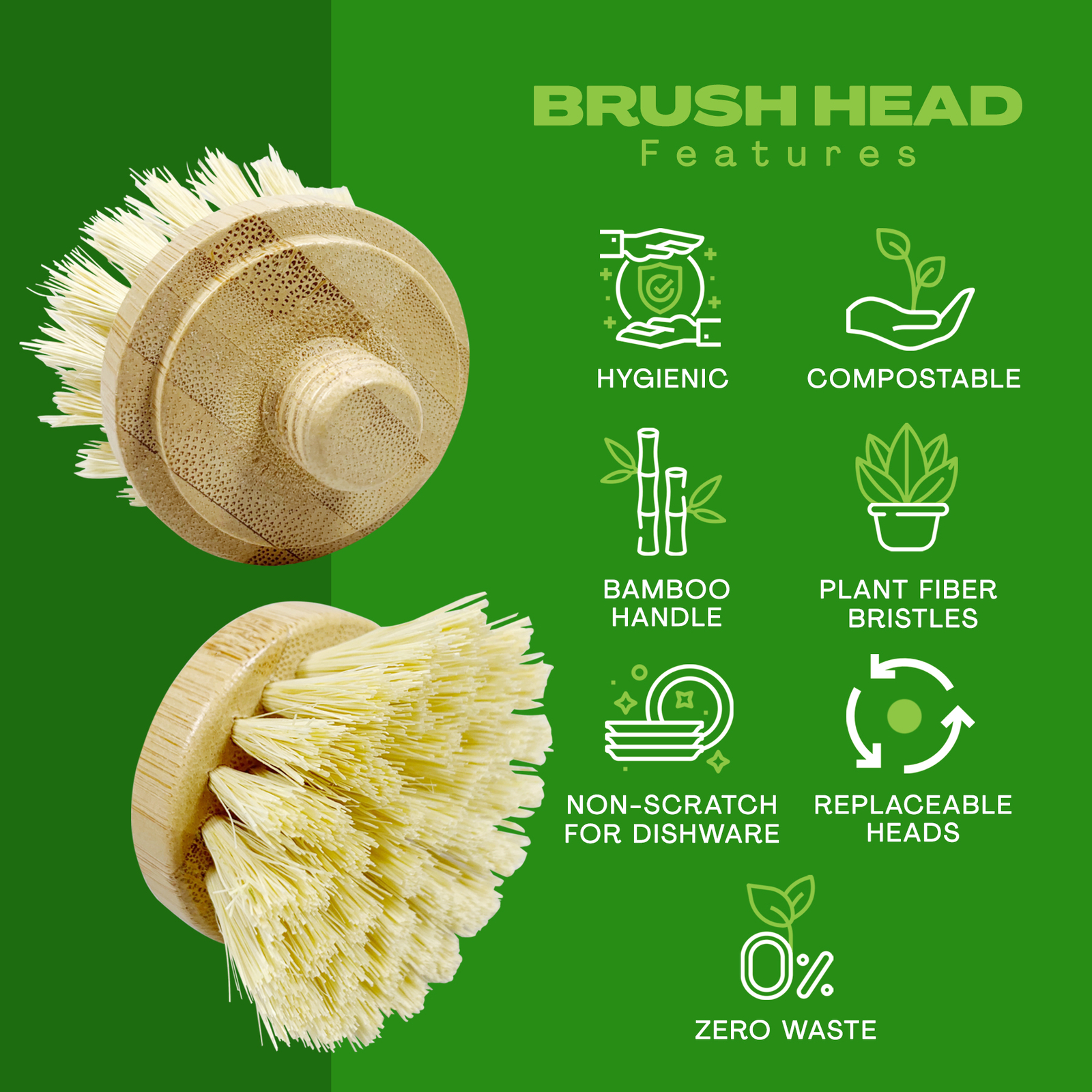 JuneLily Eco Friendly Natural Dish Brush Heads Sisal & Coconut for Dishwashing
