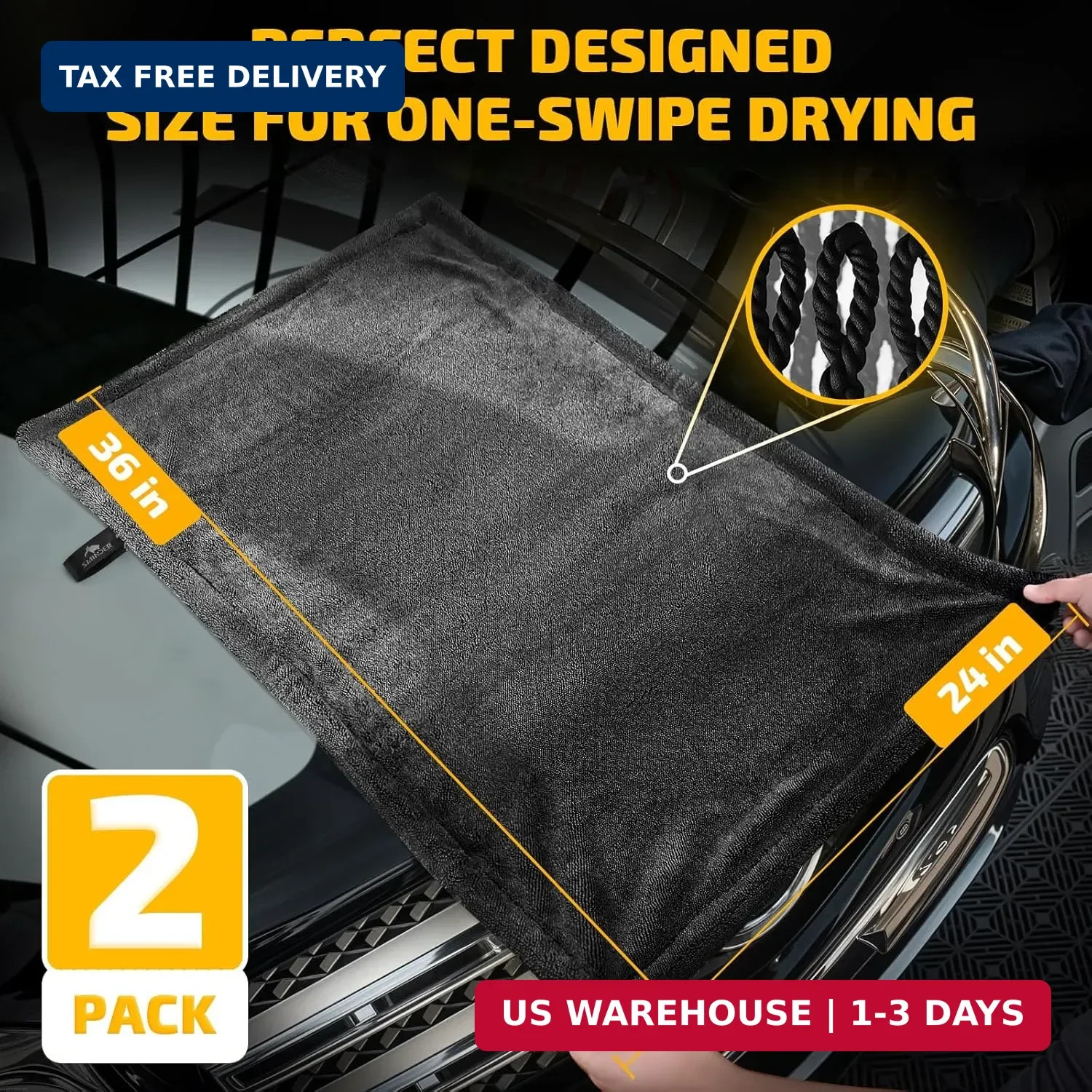 SMINDER 2-Pack 1200 GSM Car Drying Towels – Microfiber Towels for Cars (36″ x 24