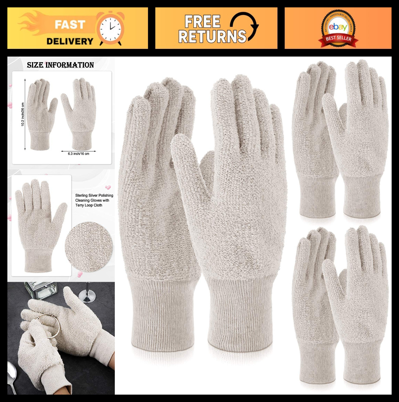3 Pairs Silver Polishing Gloves – Anti-Tarnish Jewelry Cleaning & Dust Removal