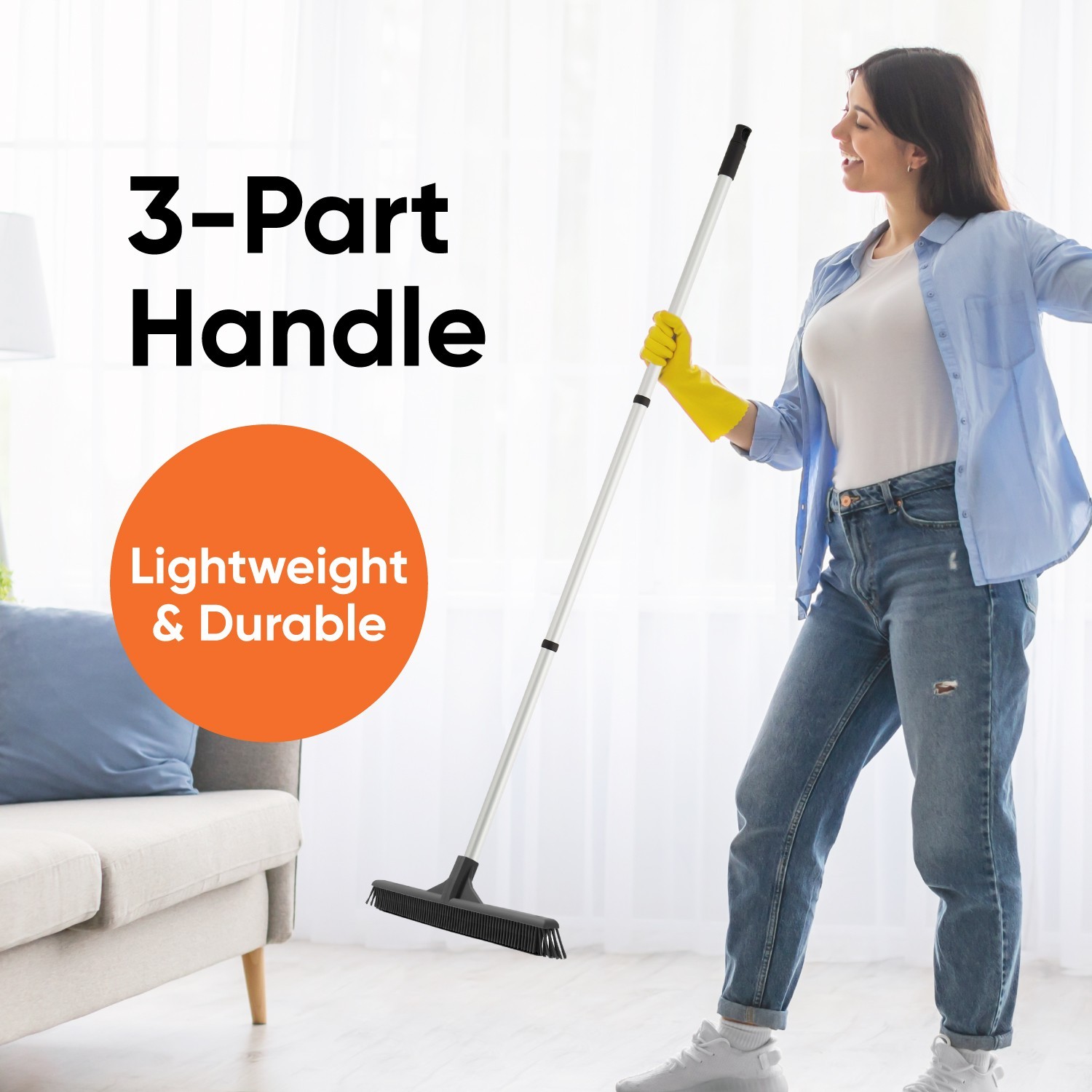 Slim Silicone Household Broom, Rubber Broom with 48″ 3-part Handle
