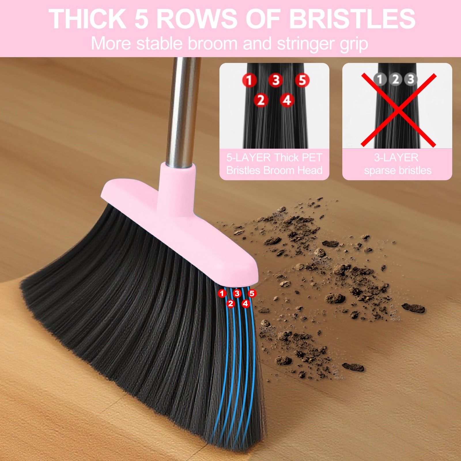 Pink Broom Dustpan Set 52 Inch Handle Combo Household Hand Sweeping Kitchen