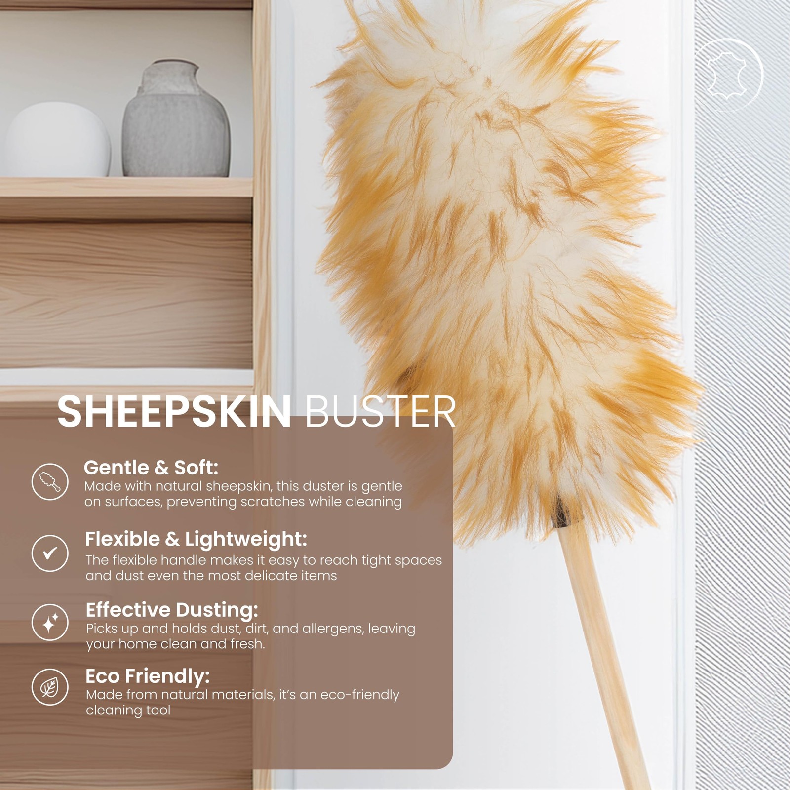 Khara Home 100% Sheepskin Duster with Solid Wooden Handle – Flexible Anti-Static