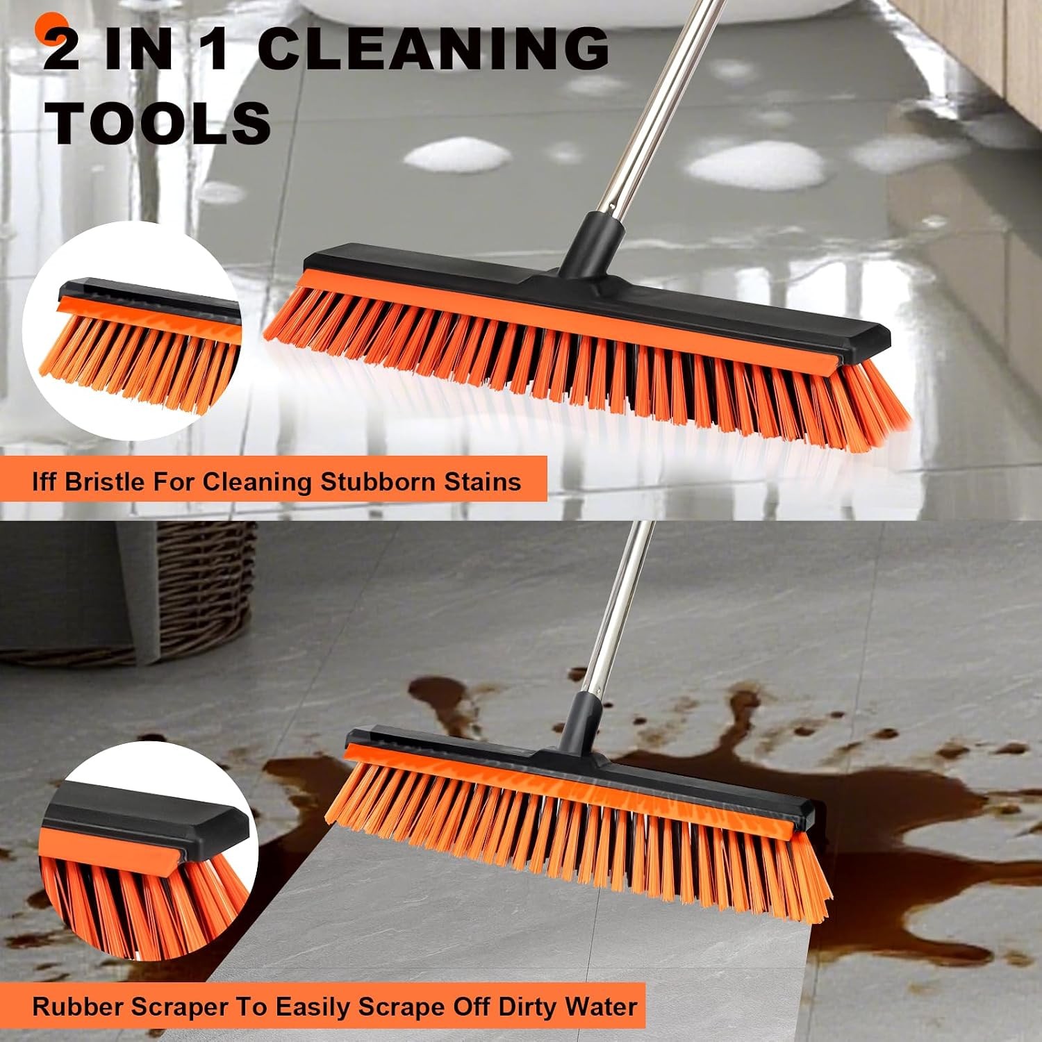 18″ Push Broom Outdoor with Rubber Squeegee,Heavy Duty Broom Brush with