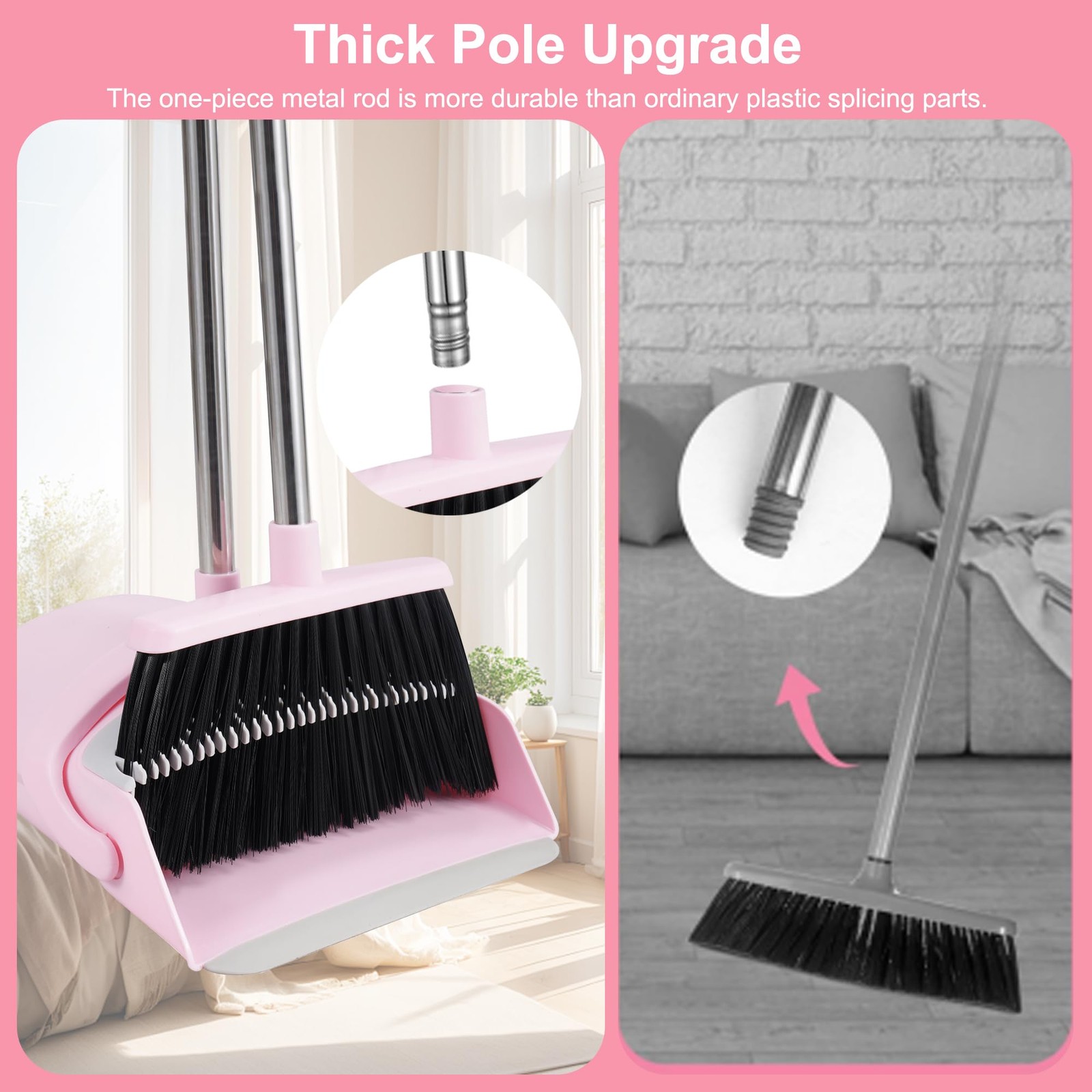 Pink Broom and Dustpan Set, 52-in Handle Broom Dustpan Combo Set Household Ha…