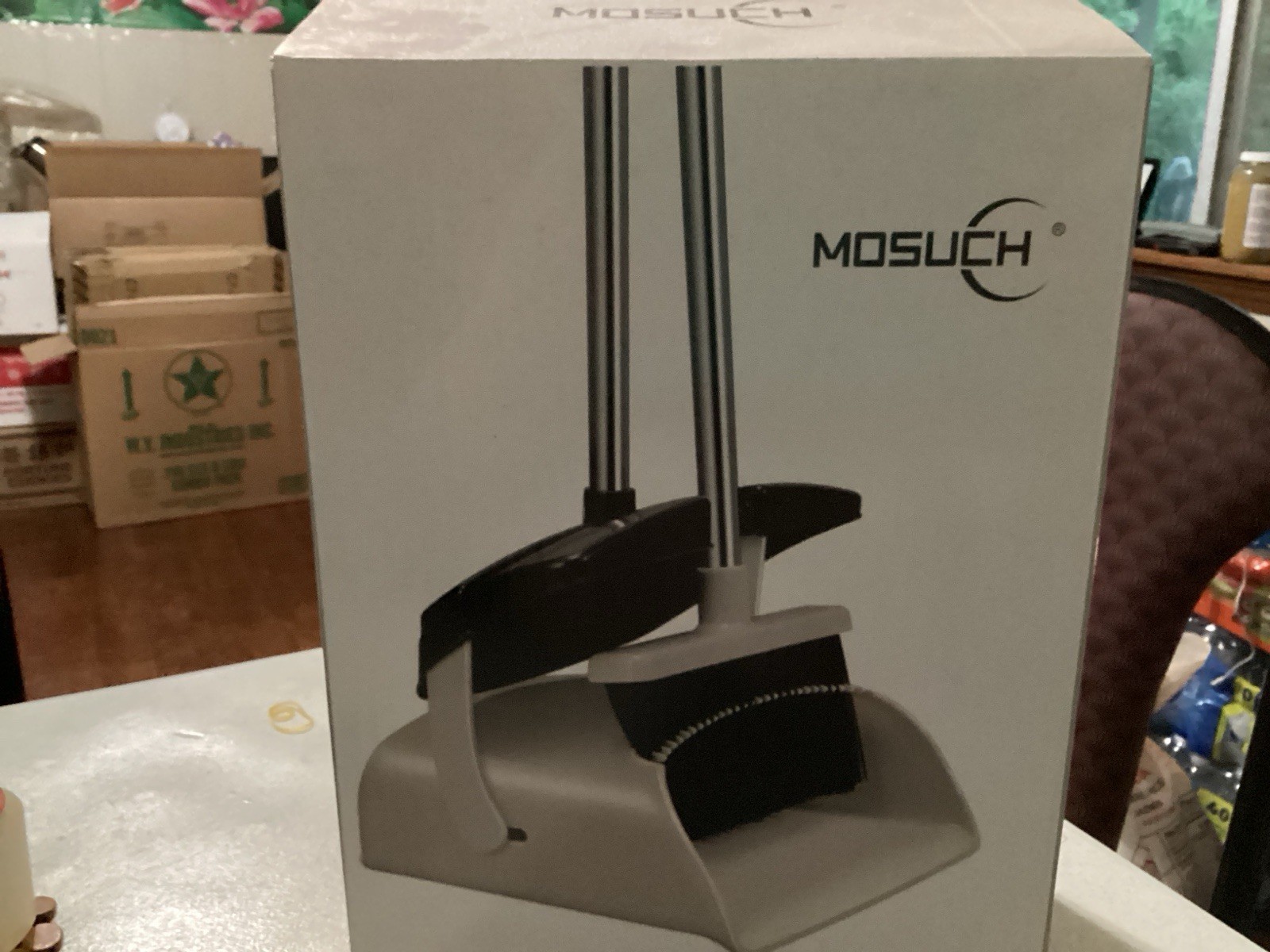 MOSUCH Premium Broom & Dustpan Set Long Metal Handle Synthetic Bristles W/B/G