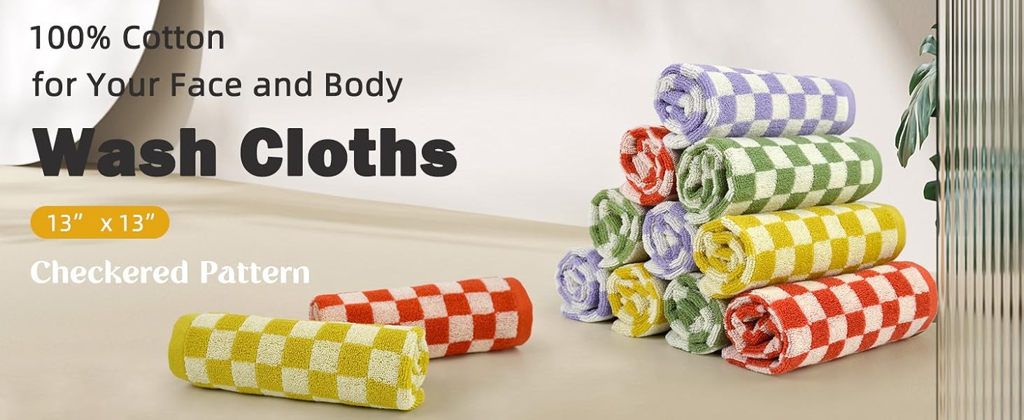 Washcloths 12 Pack Checkered – Wash Cloths for Showering (13″x13″) in 4 Colors,