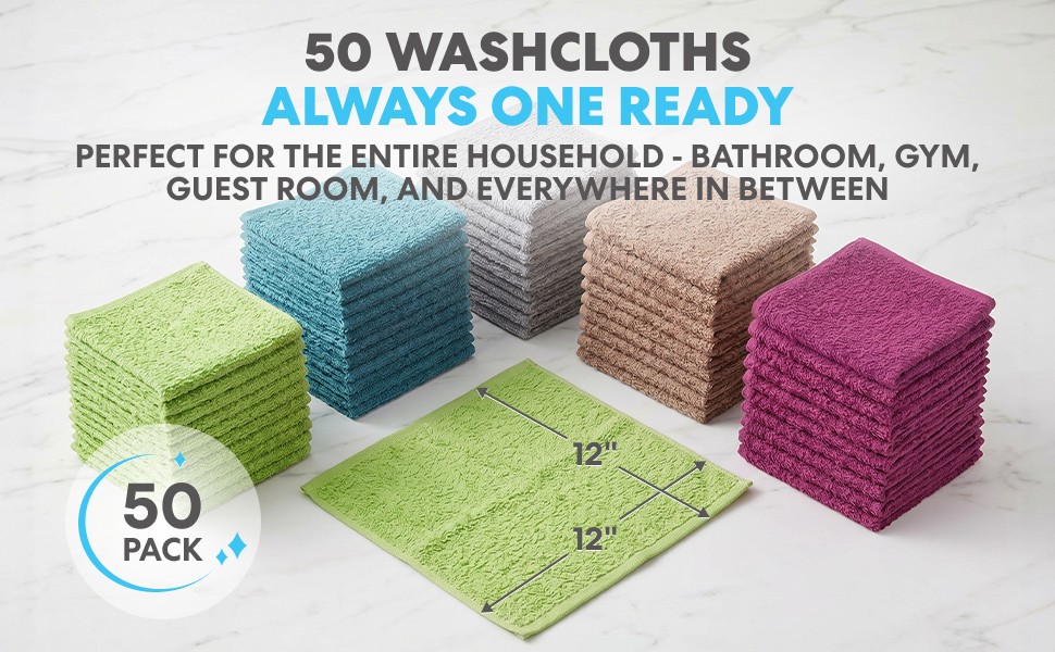 Simpli-Magic Cotton Wash Cloths 12″x12″ (50 Pack) – Highly Absorbent Soft Towels