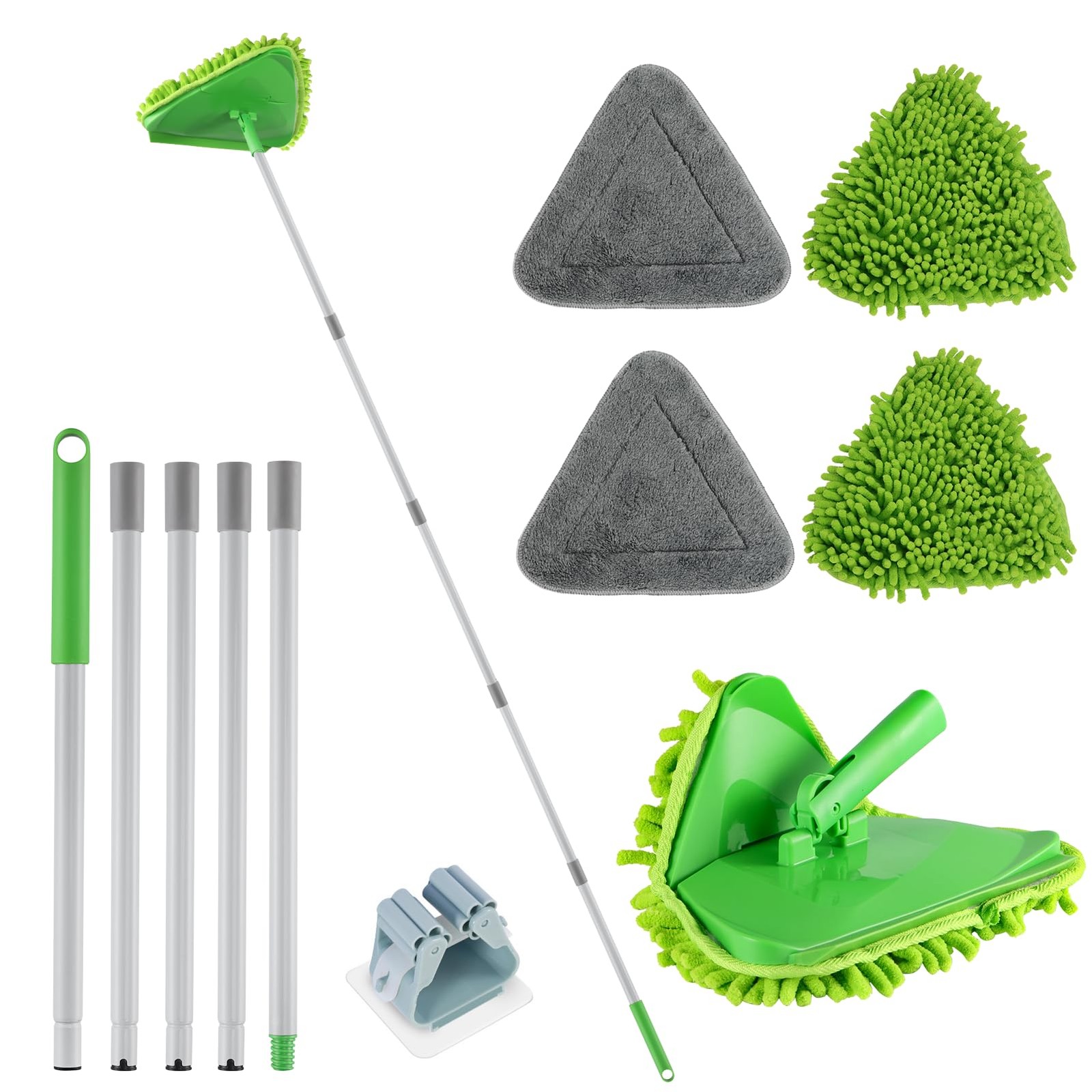 Wall Cleaner Triangle Mop with 82” Long Handle – 4 Pads, Green